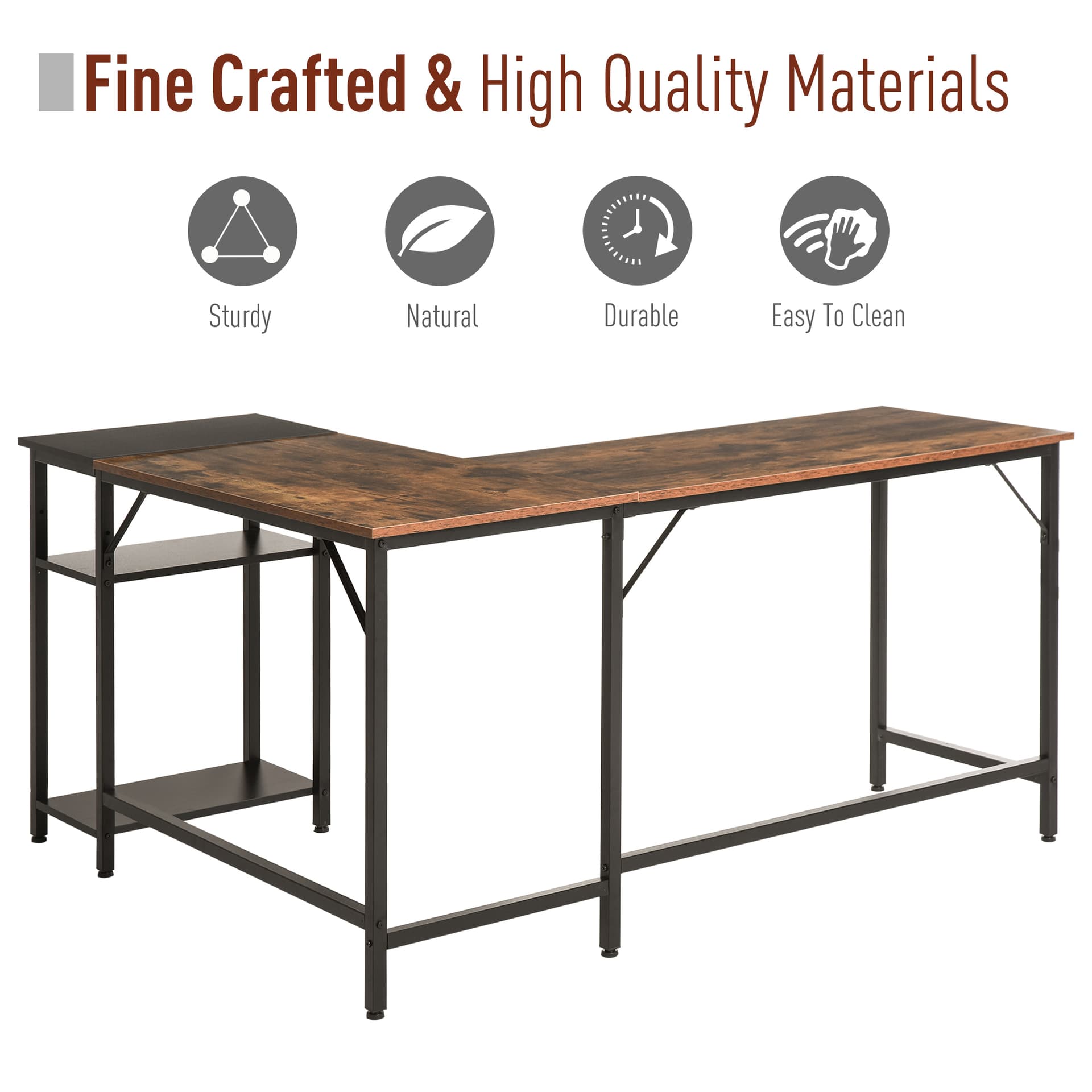 HOMCOM L-Shaped Computer Desk, Industrial Corner Desk with Adjustable Storage Shelf, CPU Tower Stand, Wood Grain Surface - Desks - Office Furniture