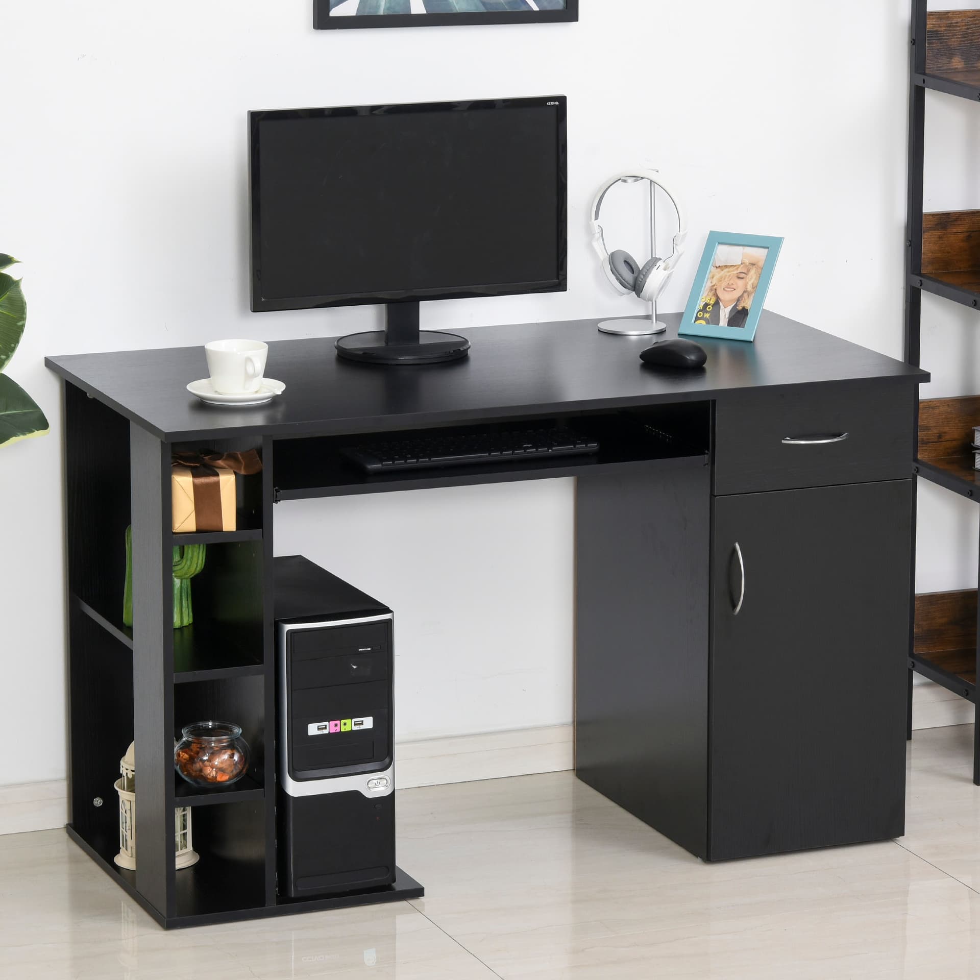 HOMCOM 47.25" Computer Desk with Keyboard Tray, CPU Stand, Writing Desk with Drawer and Storage Shelves, Black - Desks - Office Furniture