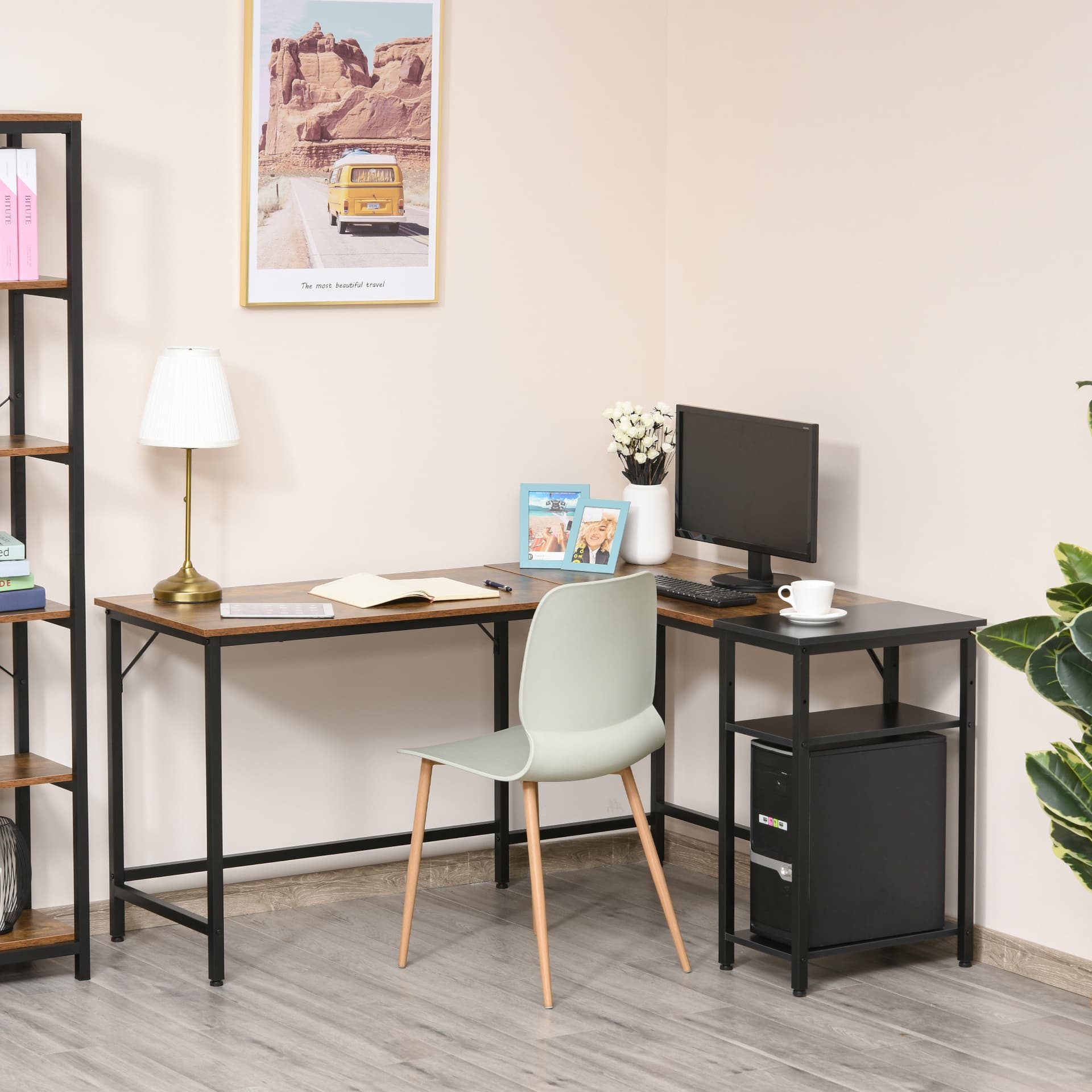 HOMCOM L-Shaped Computer Desk, Industrial Corner Desk with Adjustable Storage Shelf, CPU Tower Stand, Wood Grain Surface - Desks - Office Furniture