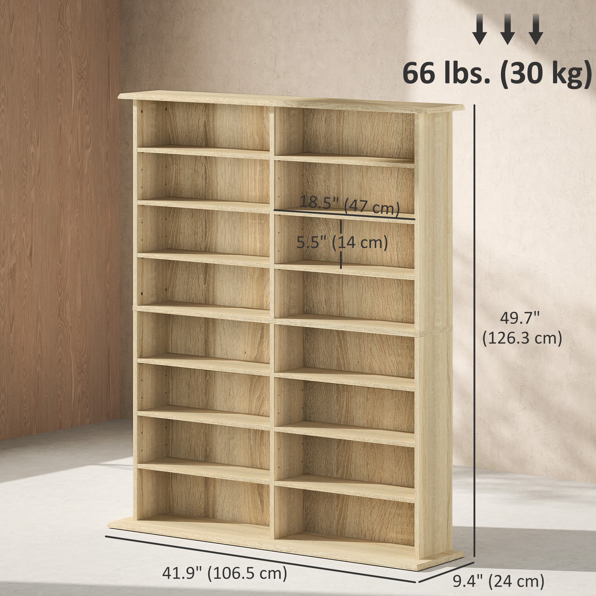 8-Tier DVD Shelf with 12 Adjustable Shelves, Double CD Shelf, Holds 720 CDs, 396 DVDs or 396 Blu-rays, Natural Wood - Office Supplies - Office Furniture