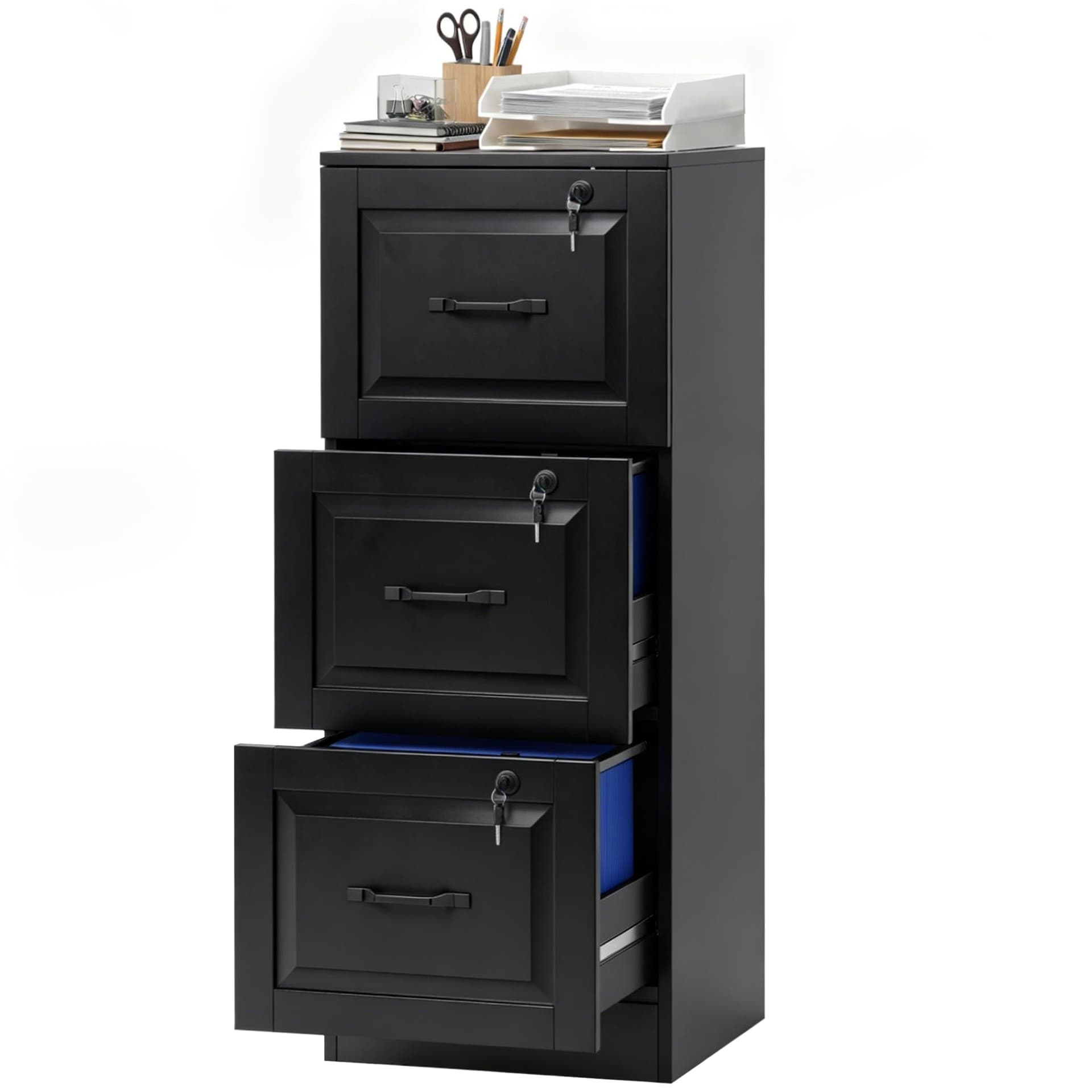 3 Drawer File Cabinet with Lock, Vertical Filing Cabinet with Adjustable Hanging Bars for A4 and Letter Size, Black - Office Cabinets & Cupboards - Office Furniture