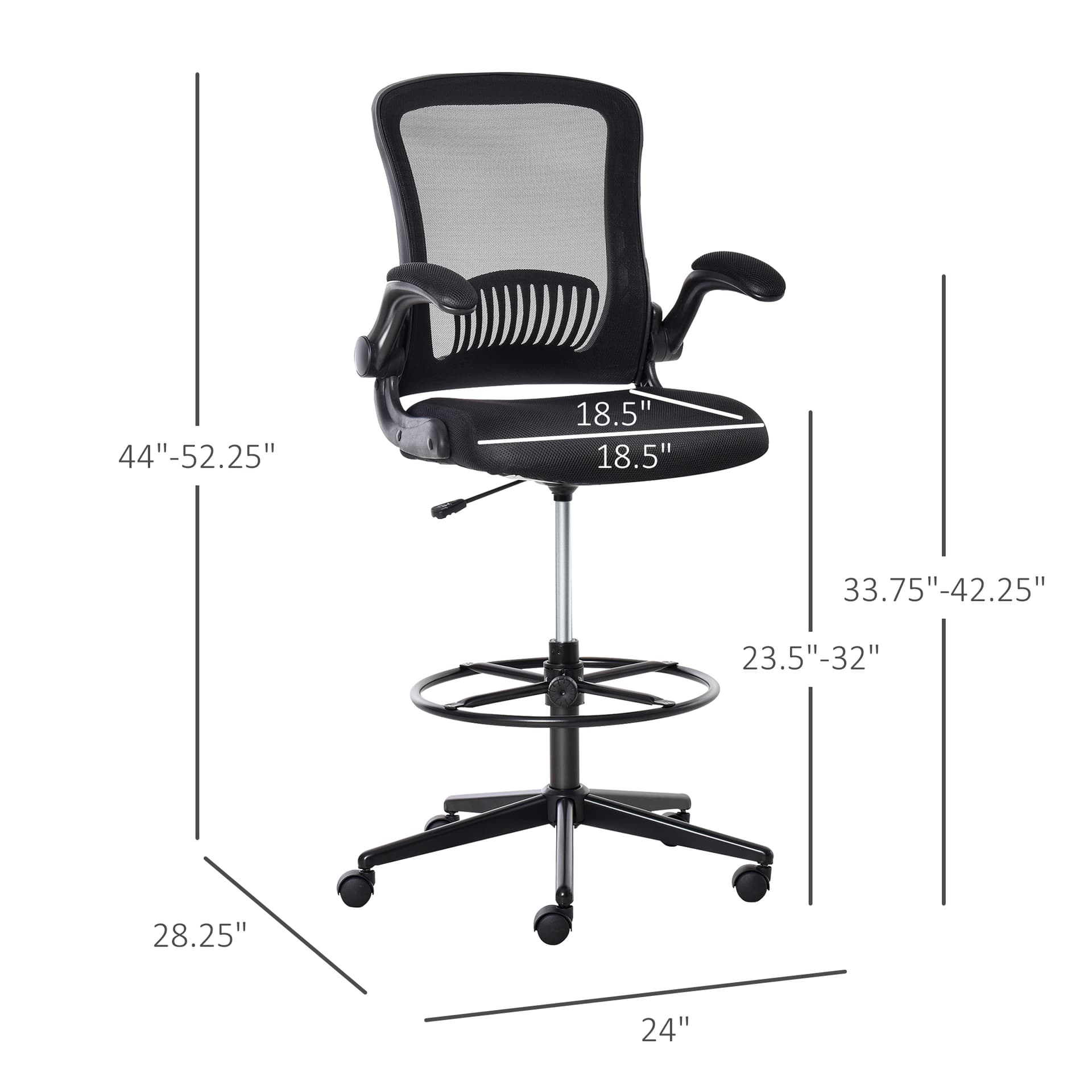 Vinsetto Tall Drafting Desk Chair Office Mesh Standing Chair with Foot Ring, Flip-up Arm, 360° Swivel Wheels, Black - Desks - Office Furniture
