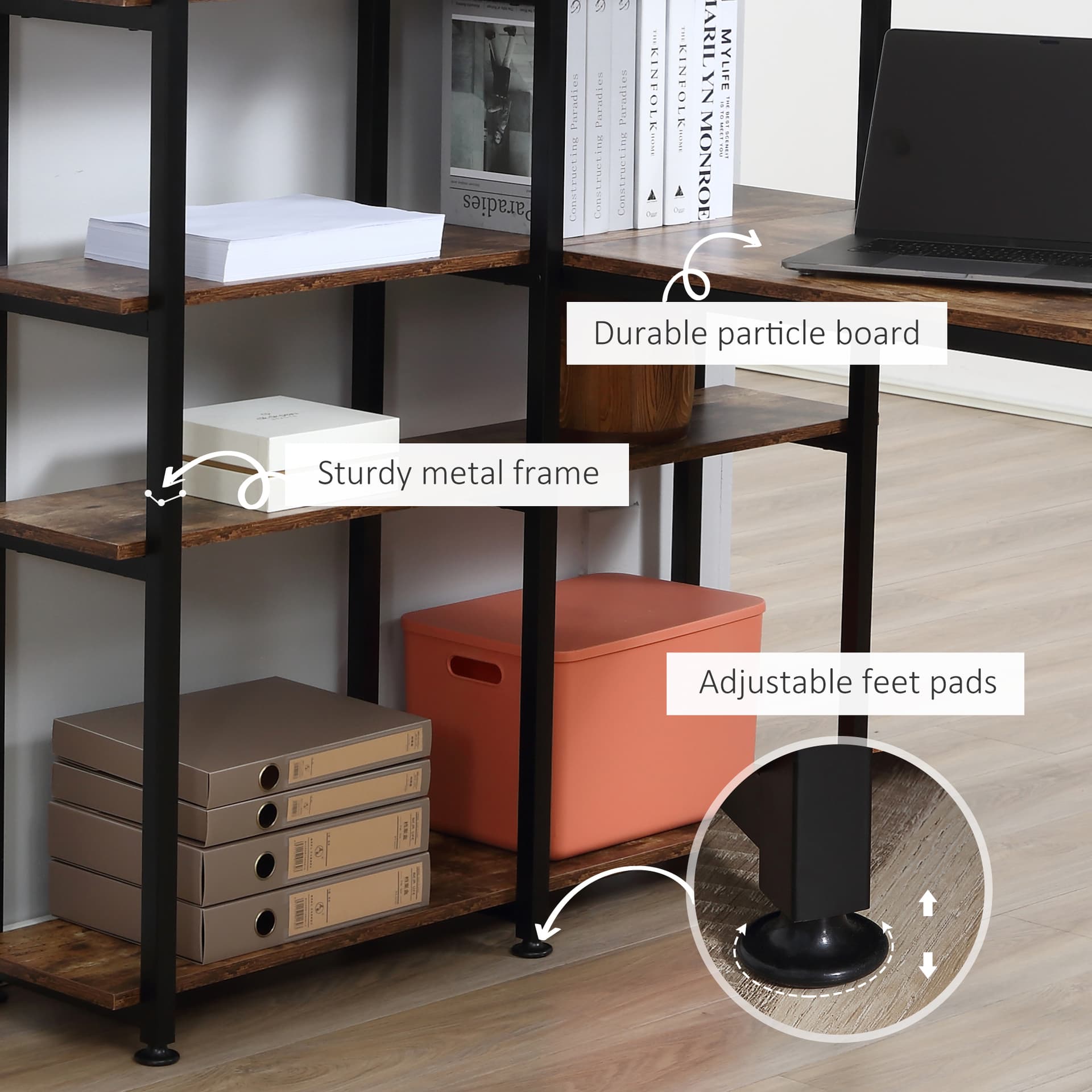 HOMCOM L-Shaped Desk with 5 Tier Bookshelf, Computer Writing Table with Metal Frame, Space-Saving for Home Office, Rustic Brown - Desks - Office Furniture