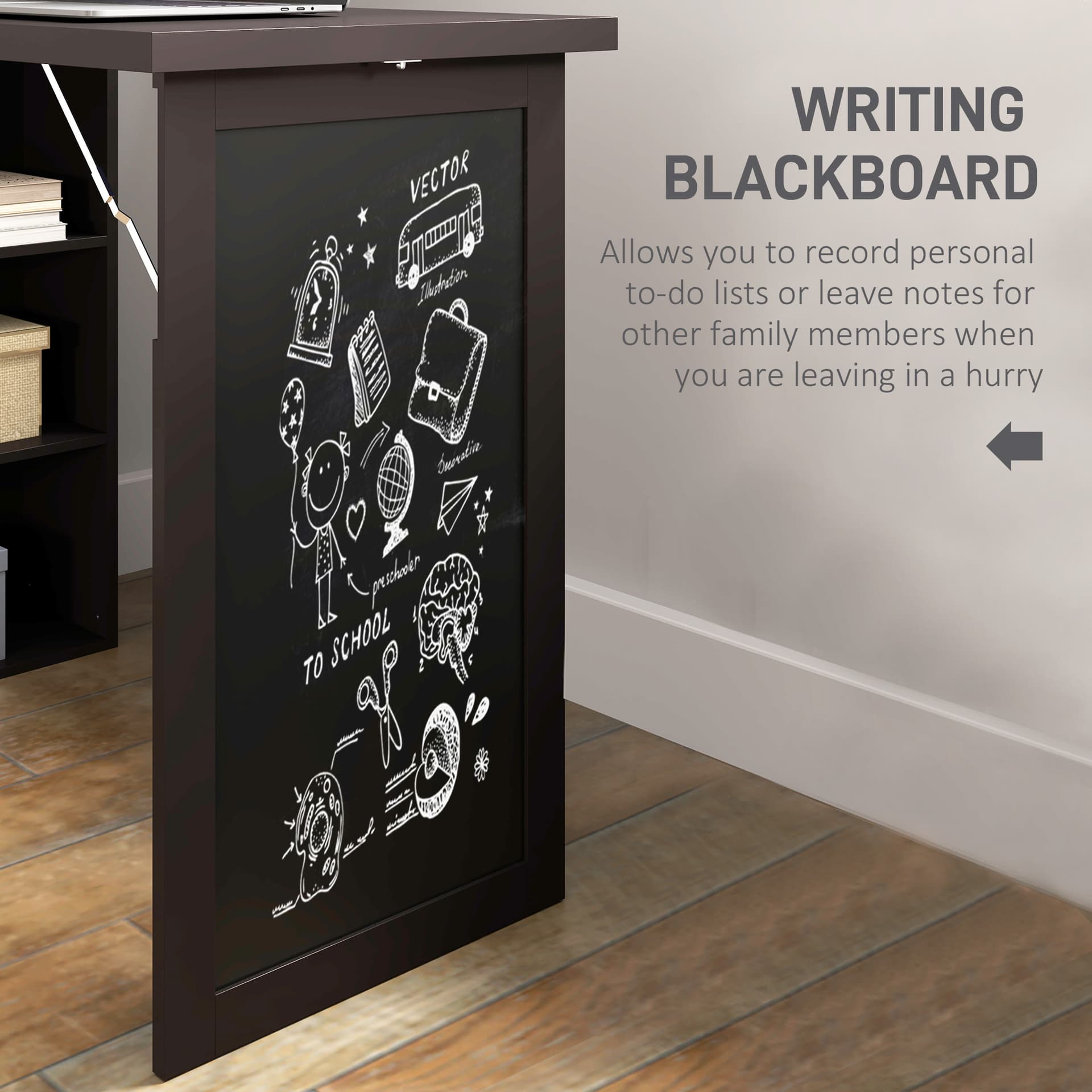 Fold-out Convertible Office Desk, Wall Mount Computer Desk with Blackboard and Side Shelf, Brown - Writing Desks - Office Furniture