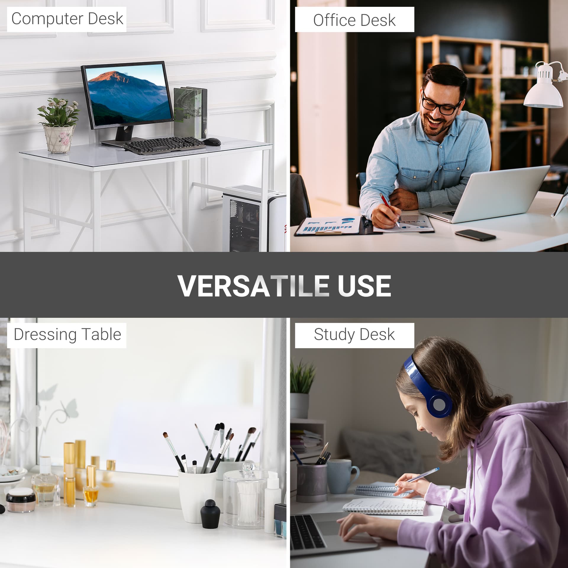 HOMCOM Office Table Glass Top Writing Desk Home Working Station Gaming Desk Metal Frame Easy Assembly, White - Desks - Office Furniture