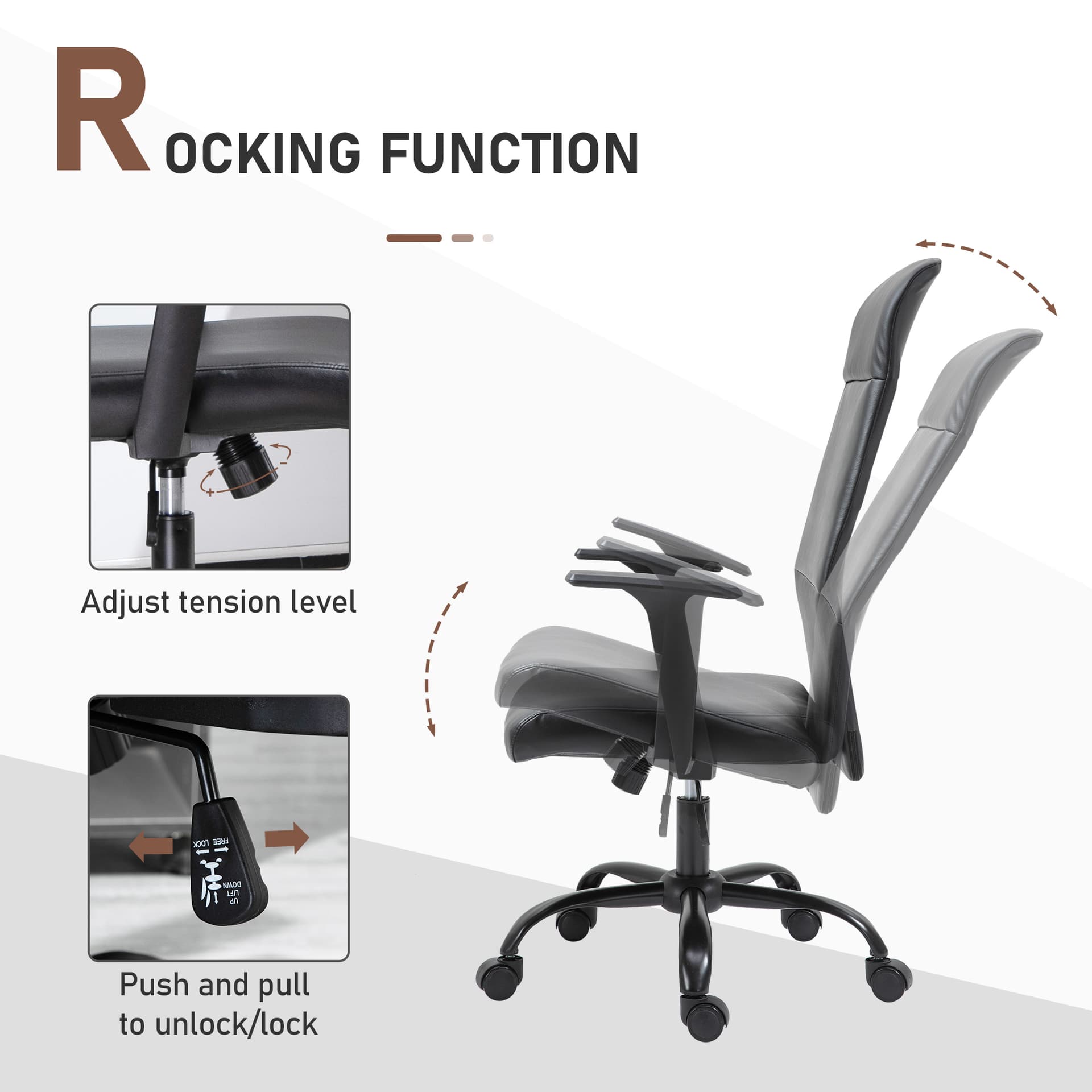 Vinsetto Office Chair High Back Height Adjustable Rolling Swivel Chair with Rocking Function Faux Leather Computer Desk , Black - Desks - Office Furniture