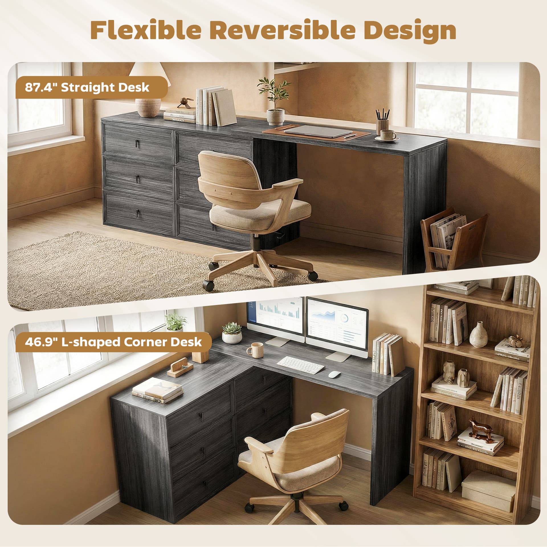 L Shaped Computer Desk Home Office Desk with 6 Drawers Black Wood Grain - Computer Desks - Office Furniture