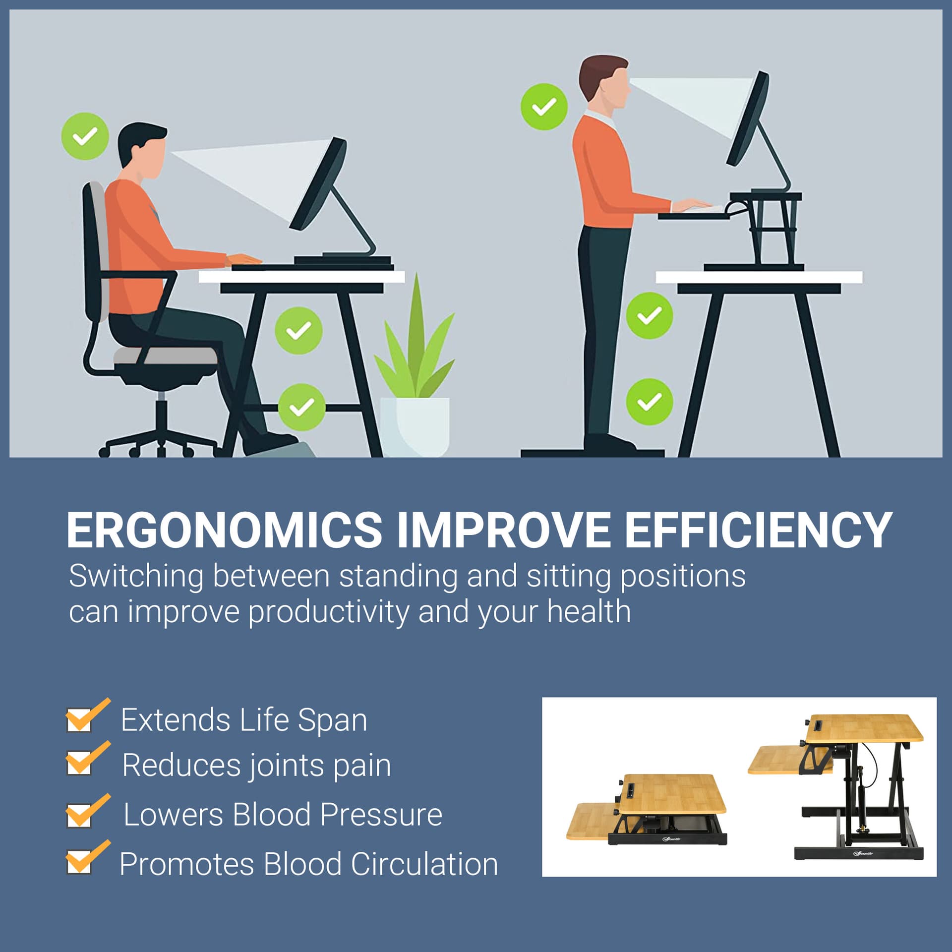 Vinsetto Liftable Computer Stand Height Adjustable Ergonomic Desktop Stand PC Detachable Keyboard Tray Widely Compatible, Workstation Riser for Home Office - Desks - Office Furniture