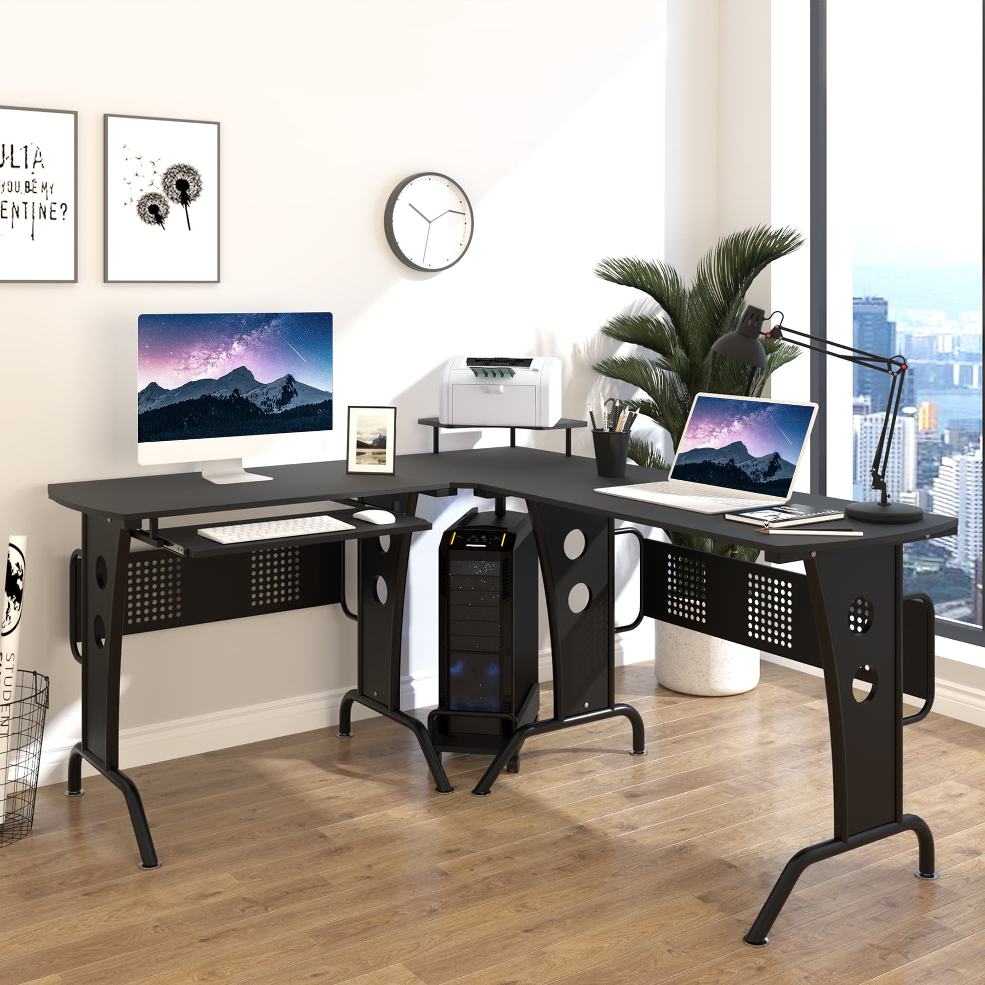 HOMCOM L-Shaped Computer Desk for PC, Corner Table for Small Spaces with Elevated Shelf, Keyboard Tray, CPU Stand, Home Office - Desks - Office Furniture