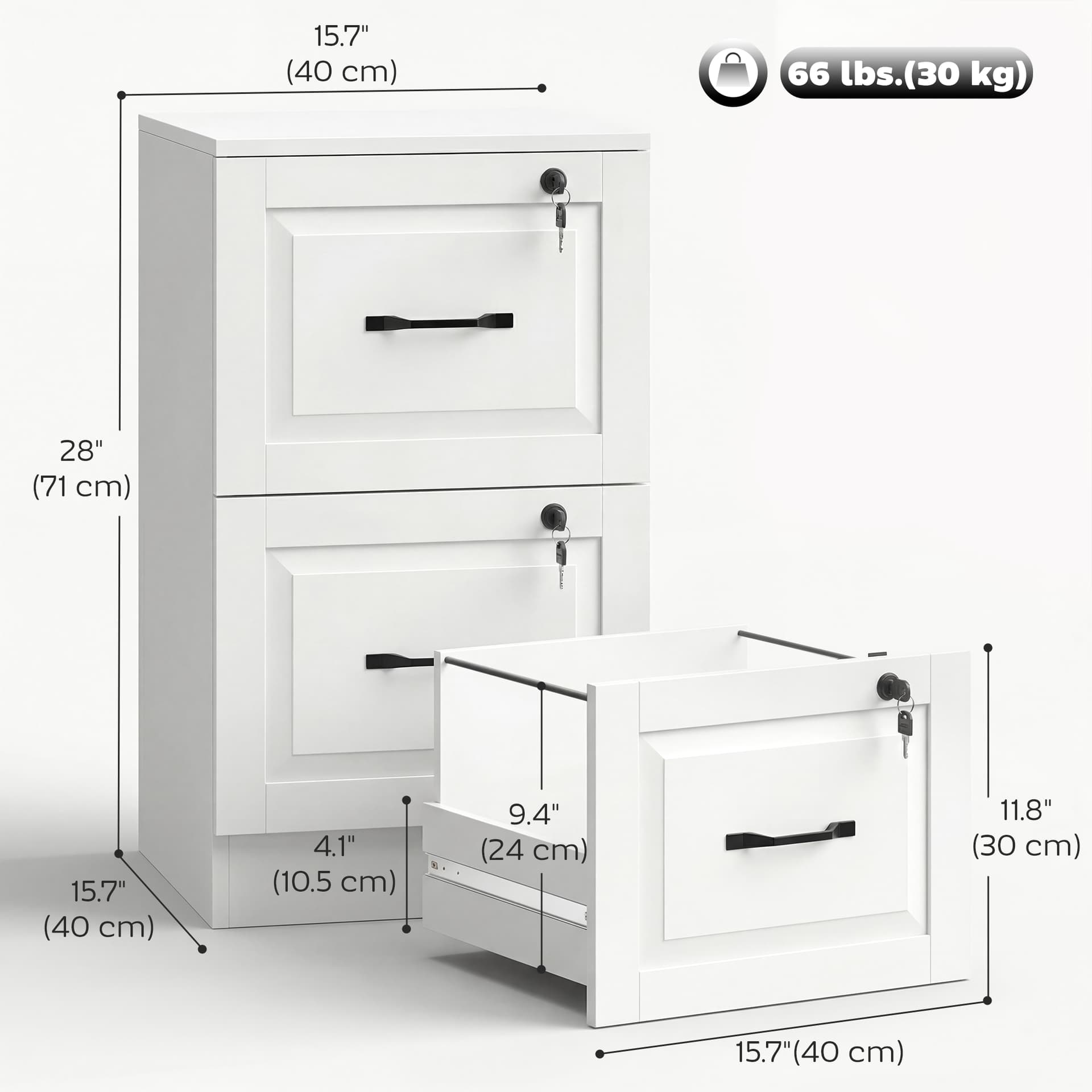 2 Drawer File Cabinet with Lock, Vertical Filing Cabinet with Adjustable Hanging Bars for A4 and Letter Size, White - Office Cabinets & Cupboards - Office Furniture