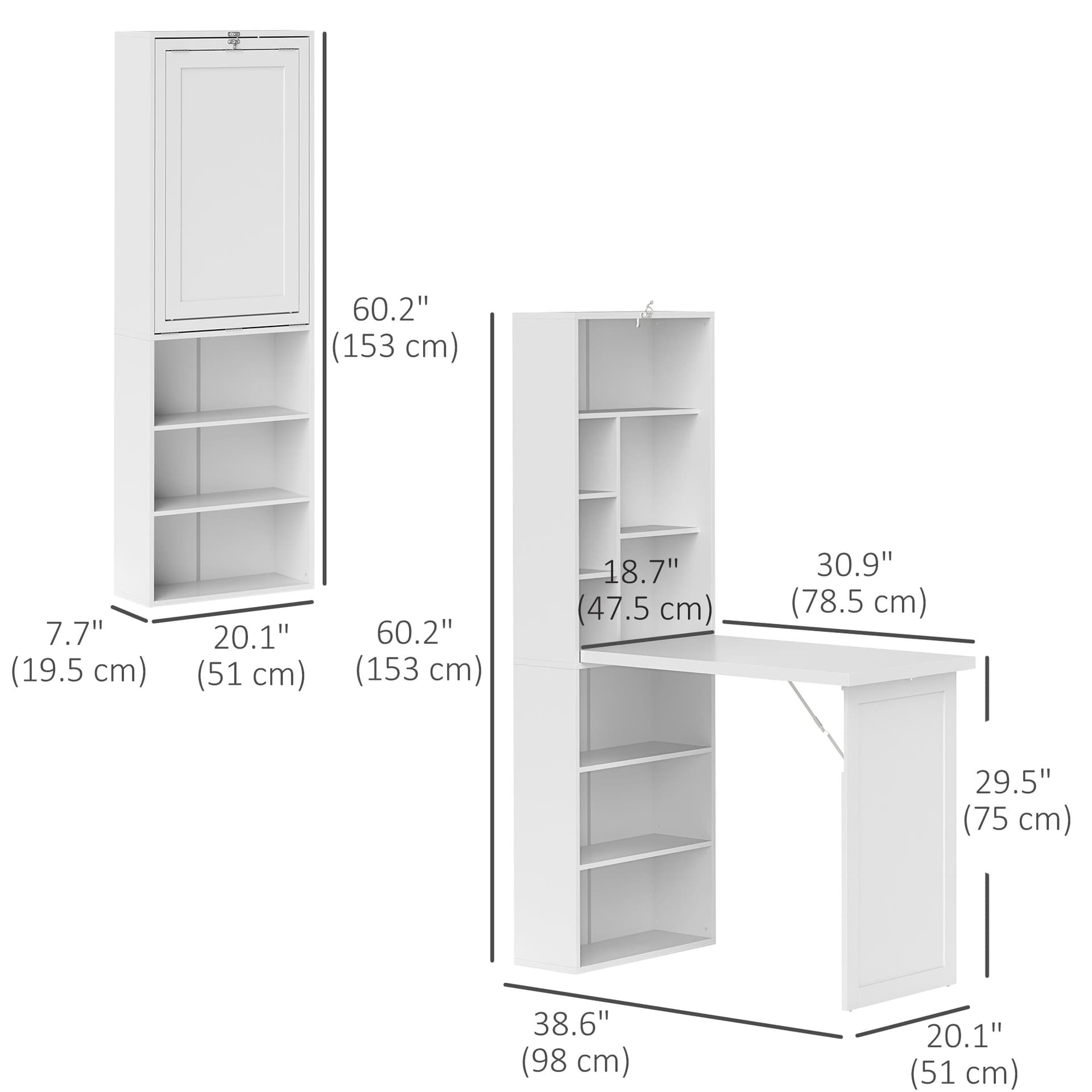 Fold-out Convertible Office Desk, Wall Mount Computer Desk with Whiteboard and Side Shelf, White - Computer Desks - Office Furniture