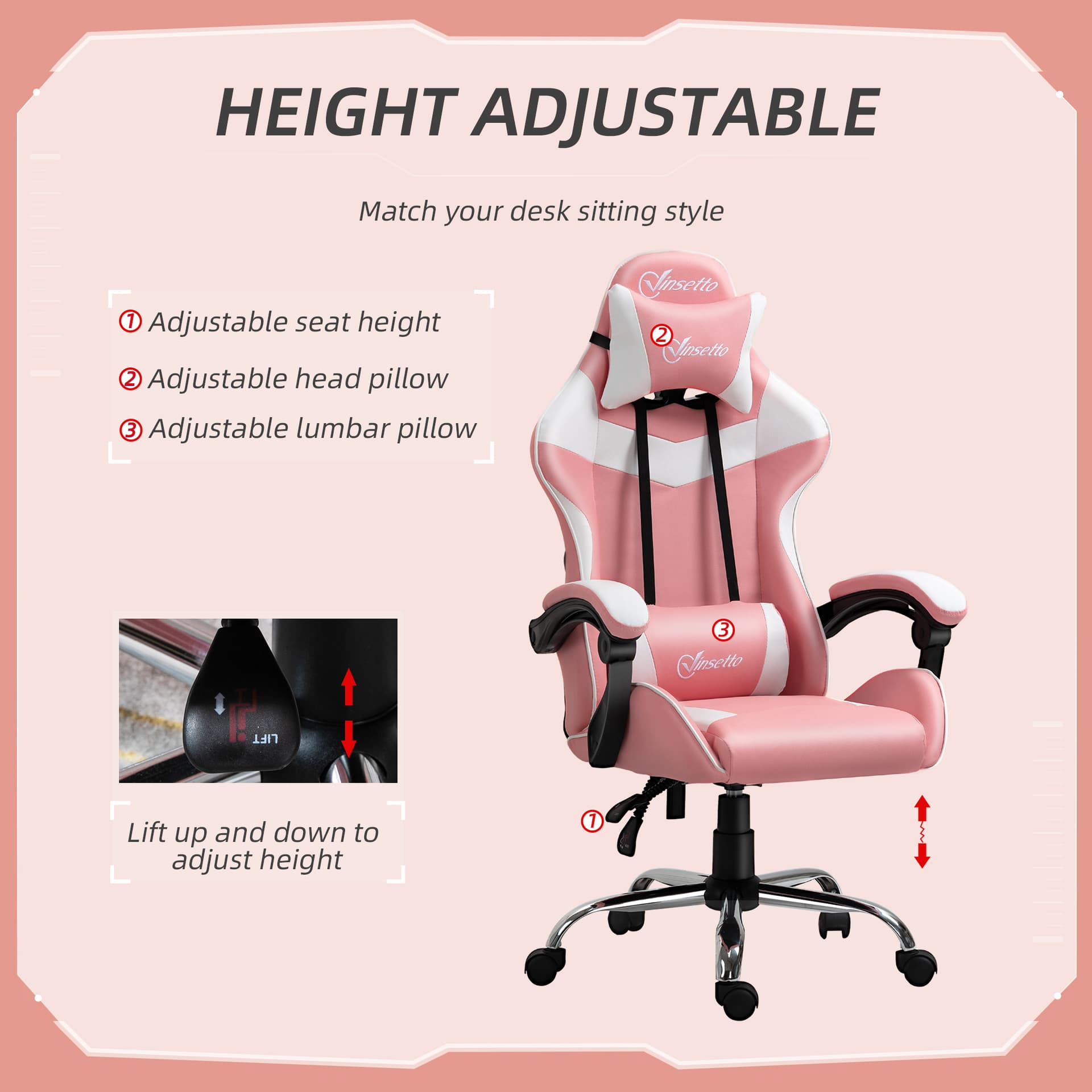 Vinsetto Racing Gaming Chair with Lumbar Support, Head Pillow, Swivel High Back Recliner Gamer Desk Chair for Office, Pink - Desks - Office Furniture