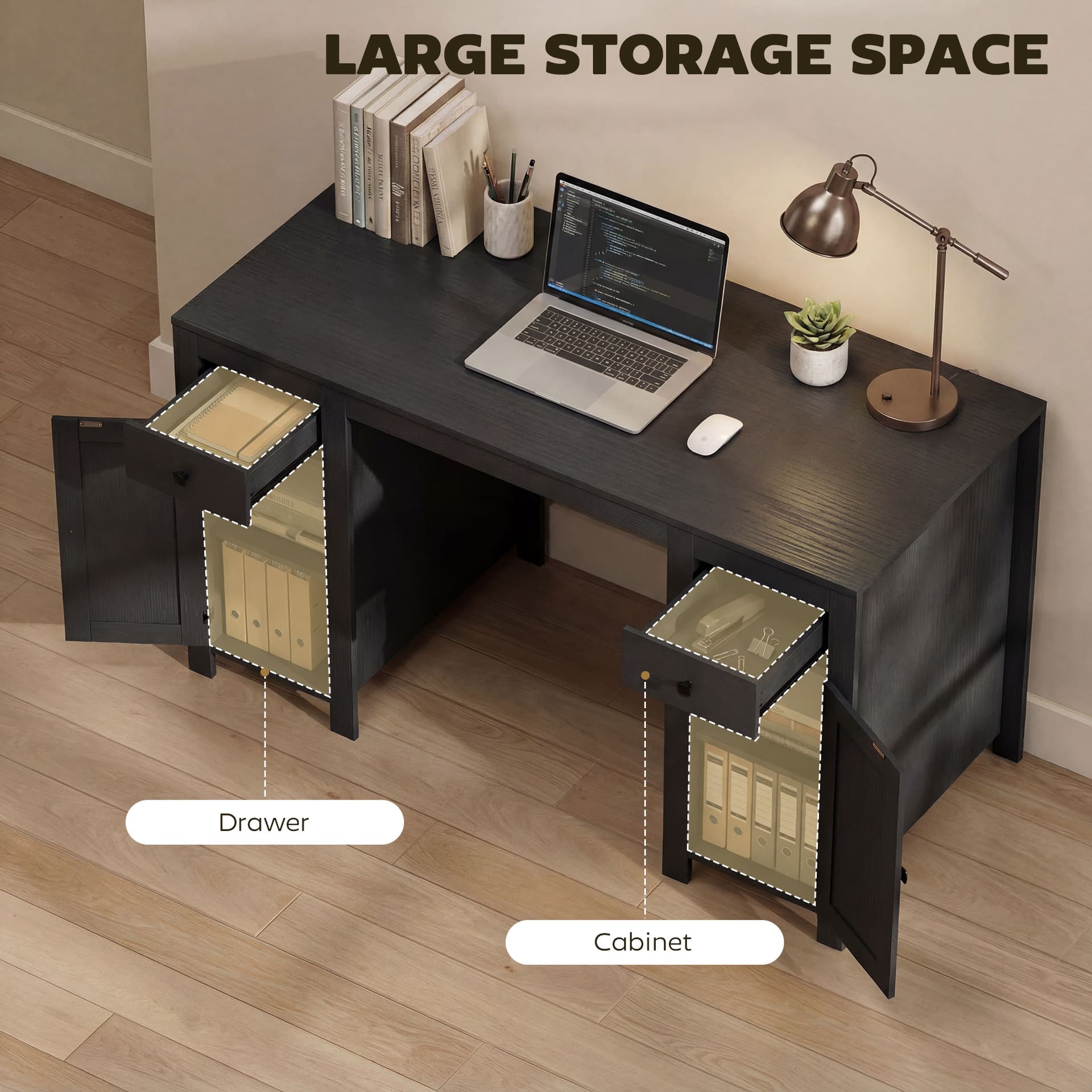 53" Farmhouse Executive Desk, Computer Desk with Drawers and 2 Cabinets, Study Table for Home Office, Black Wood Grain - Writing Desks - Office Furniture