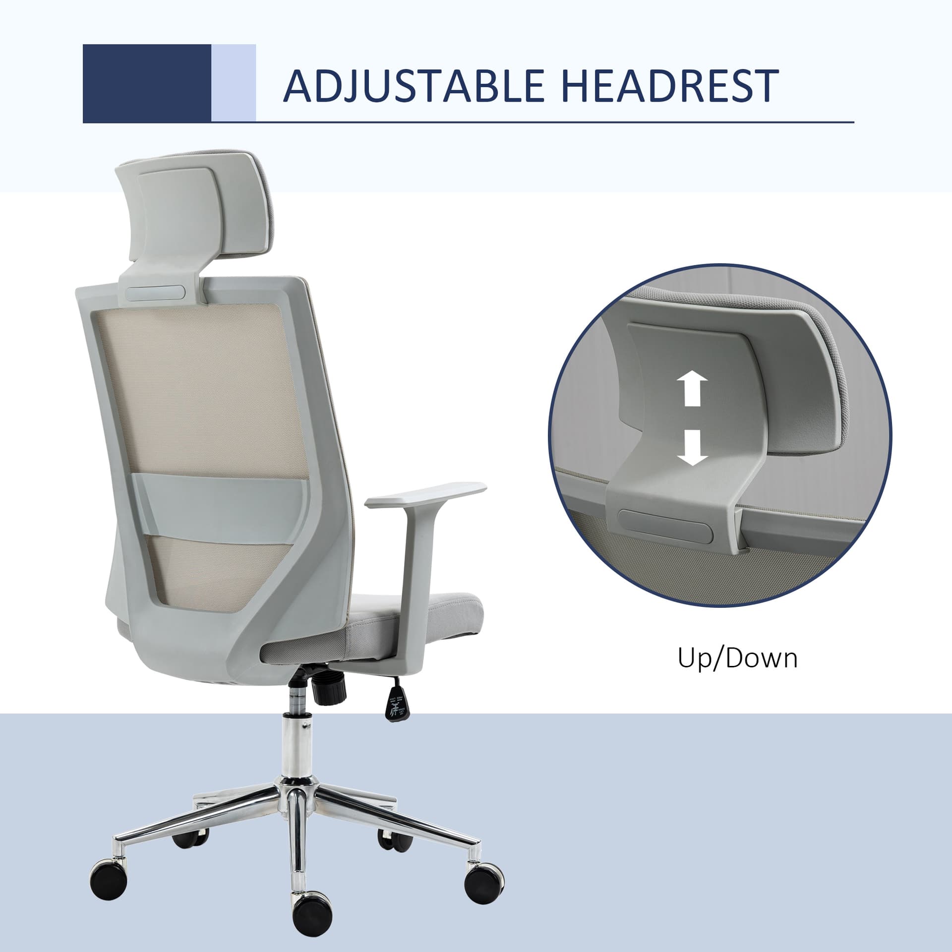 Vinsetto High Back Office Chair Swivel Task Chair with Lumbar Back Support, Breathable Mesh, and Adjustable Height, Headrest, Grey - Office Chairs - Office Furniture