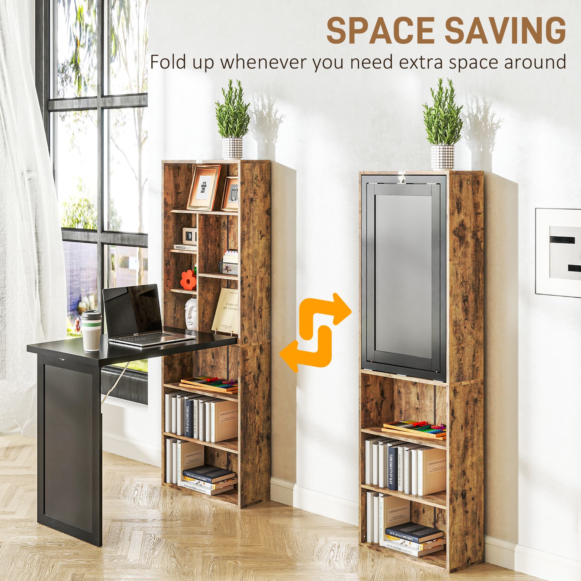 Fold-out Convertible Office Desk, Wall Mount Computer Desk with Blackboard and Side Shelf, Rustic Brown - Computer Desks - Office Furniture