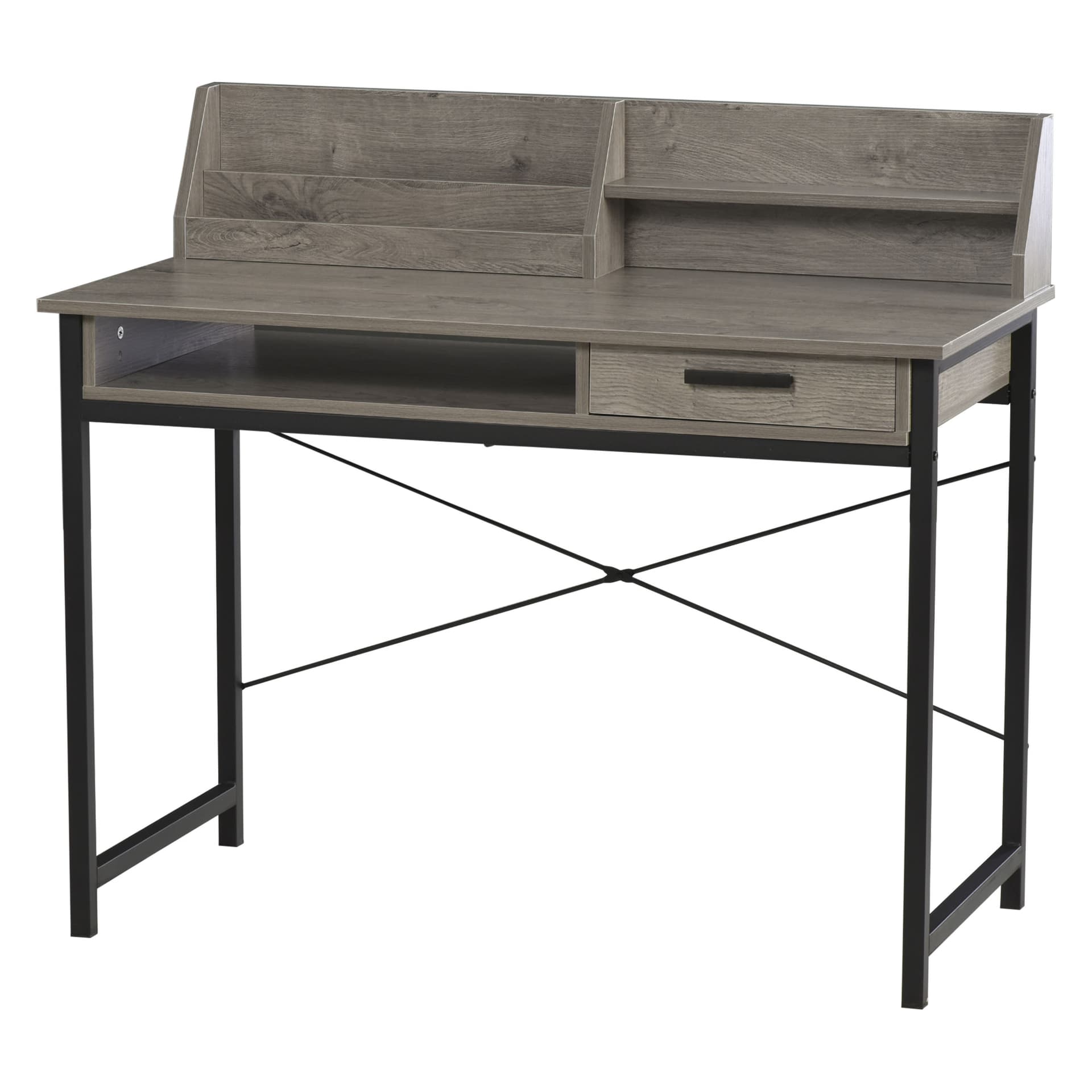 HOMCOM Industrial Computer Desk with Drawer and Open Shelves, Writing Table with Hutch for Home Office, Grey - Desks - Office Furniture