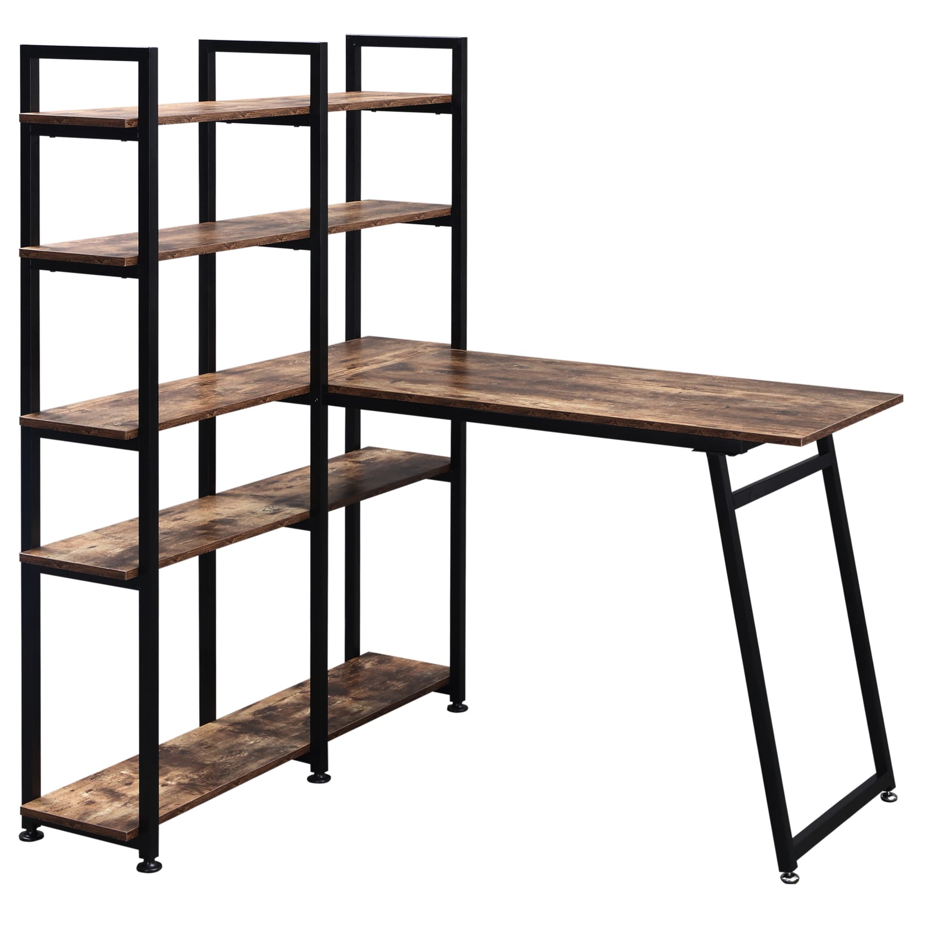 HOMCOM L-Shaped Desk with 5 Tier Bookshelf, Computer Writing Table with Metal Frame, Space-Saving for Home Office, Rustic Brown - Desks - Office Furniture