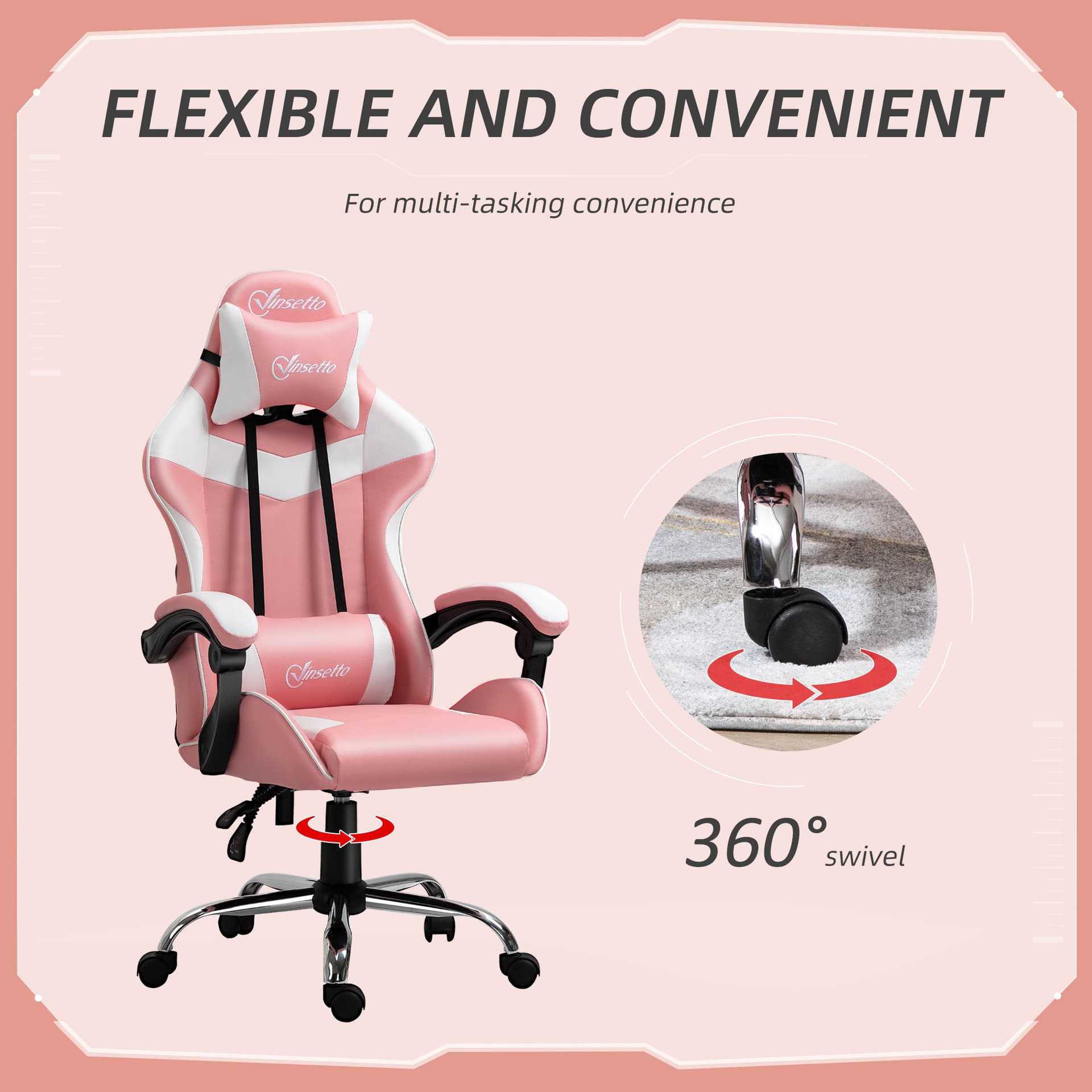 Vinsetto Racing Gaming Chair with Lumbar Support, Head Pillow, Swivel High Back Recliner Gamer Desk Chair for Office, Pink - Desks - Office Furniture