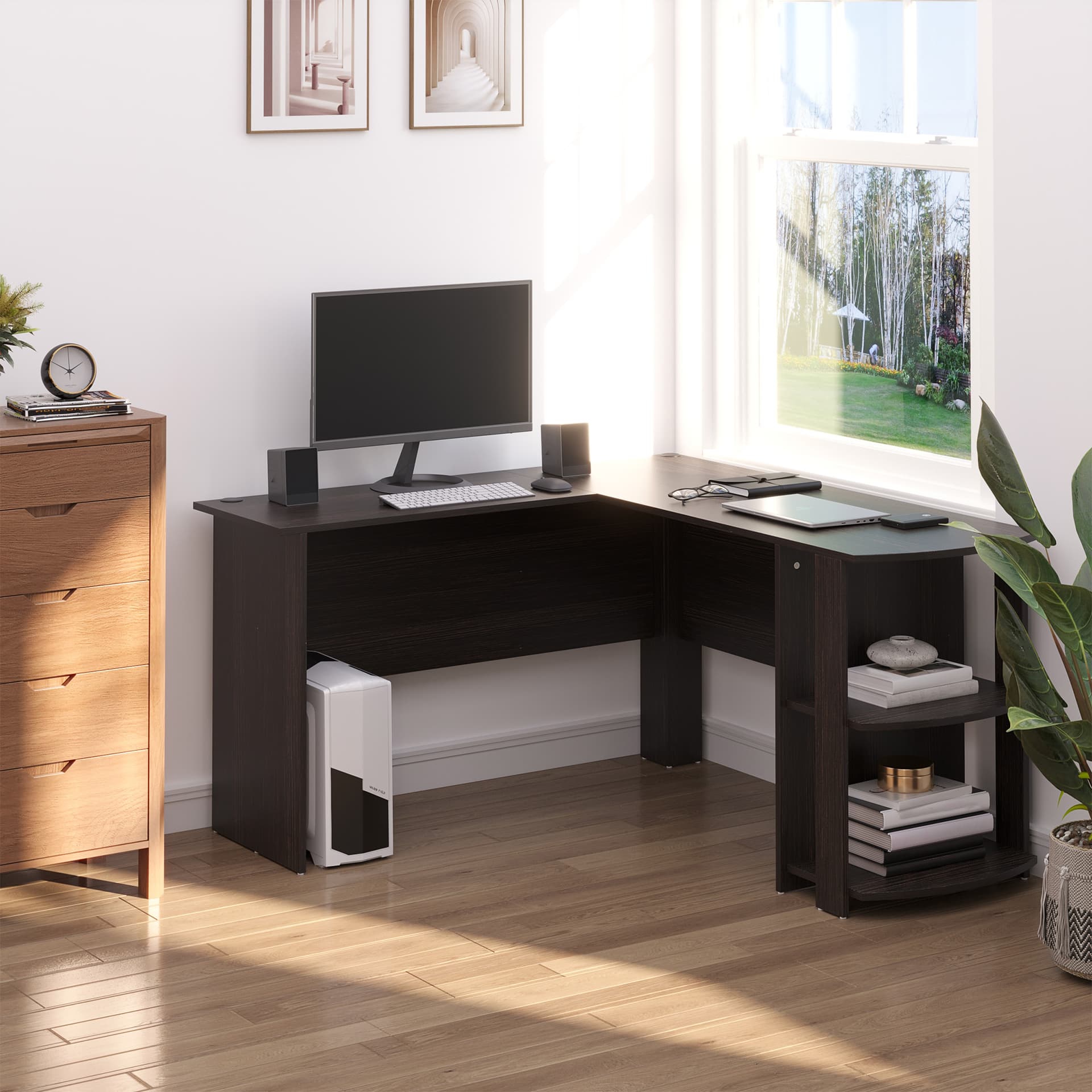 HOMCOM L-Shaped Desk, Computer Corner Desk, PC Table with 2 Storage Shelves, Home Office Workstation, Brown - Desks - Office Furniture