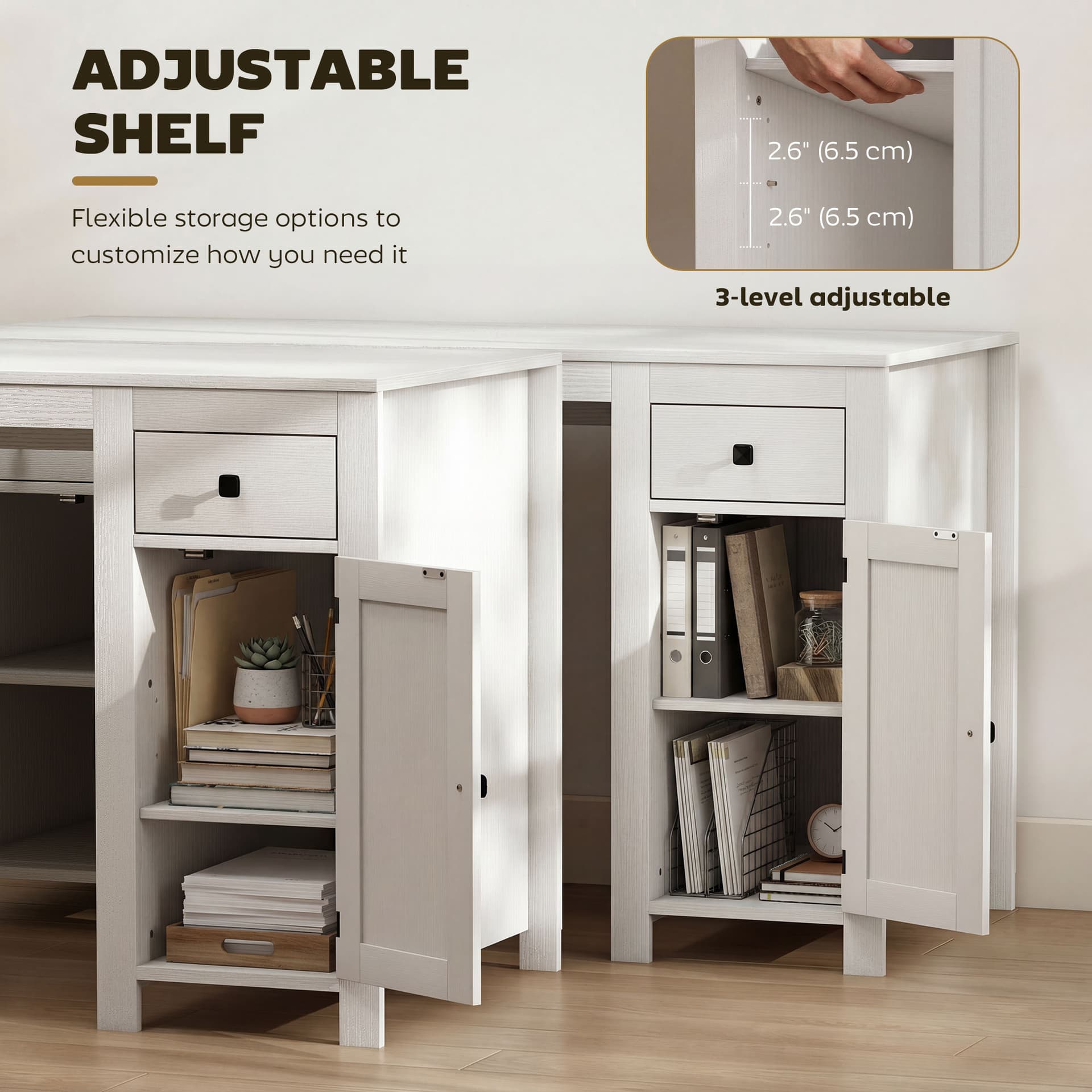 53" Farmhouse Executive Desk, Computer Desk with Drawers and 2 Cabinets, Study Table for Home Office, White Wood Grain - Writing Desks - Office Furniture