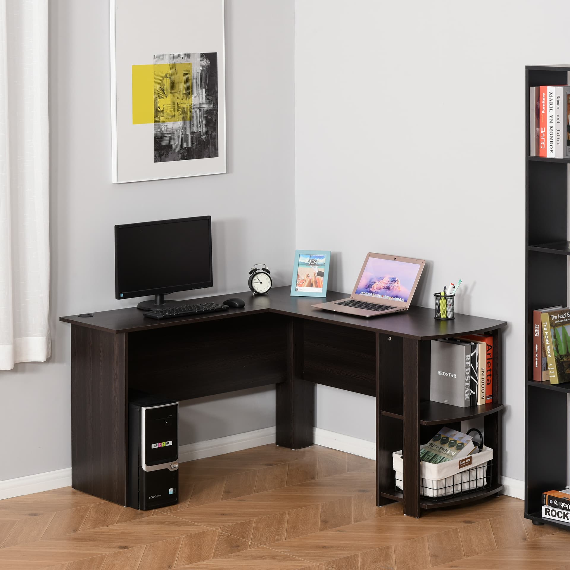 HOMCOM L-Shaped Desk, Computer Corner Desk, PC Table with 2 Storage Shelves, Home Office Workstation, Brown - Desks - Office Furniture