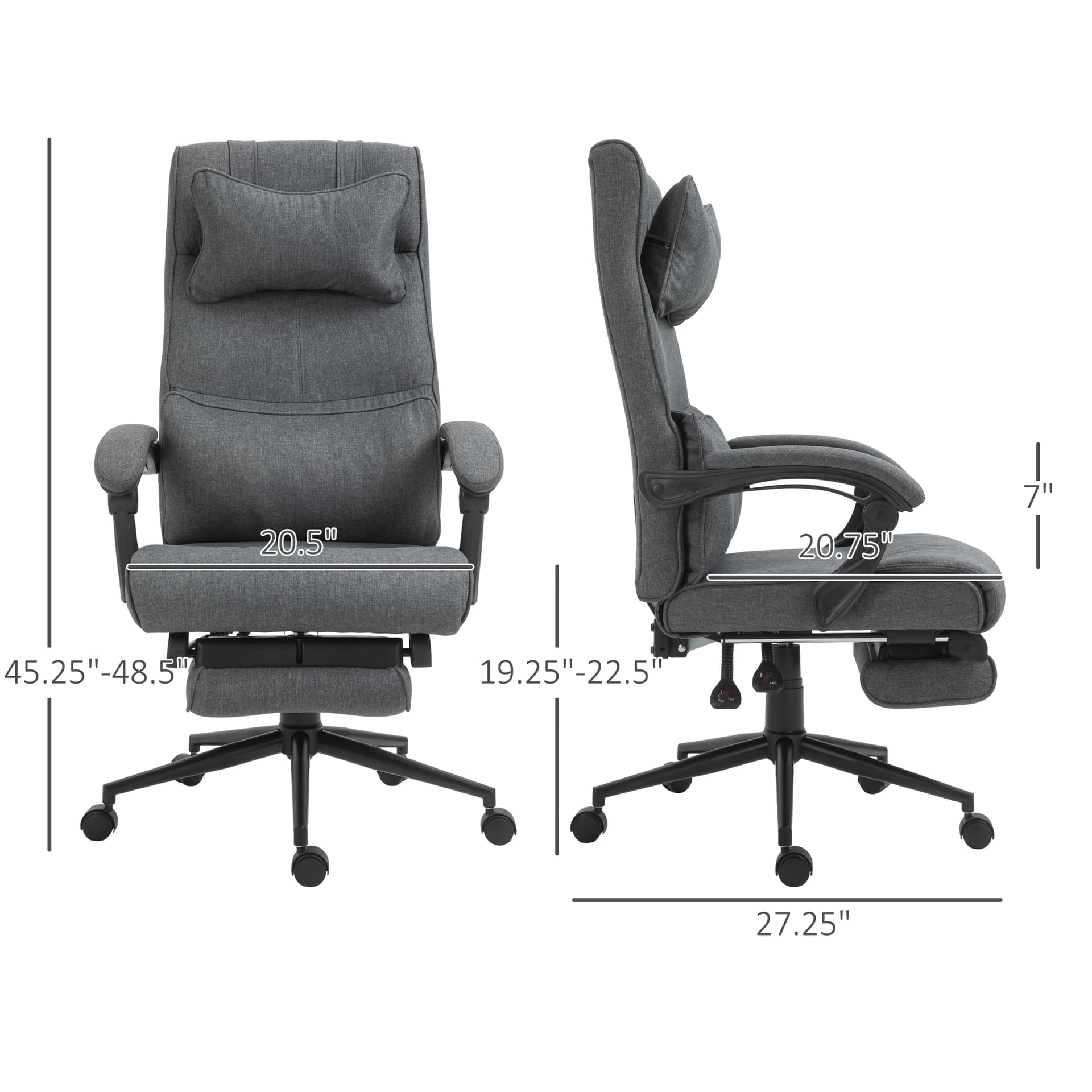 Vinsetto Ergonomic Executive Office Chair High Back Computer Desk Chair Linen Fabric 360° Swivel Adjustable Recliner Chair with Headrest, Lumbar Support, Padded Armrest and Retractable Footrest, Grey - Desks - Office Furniture