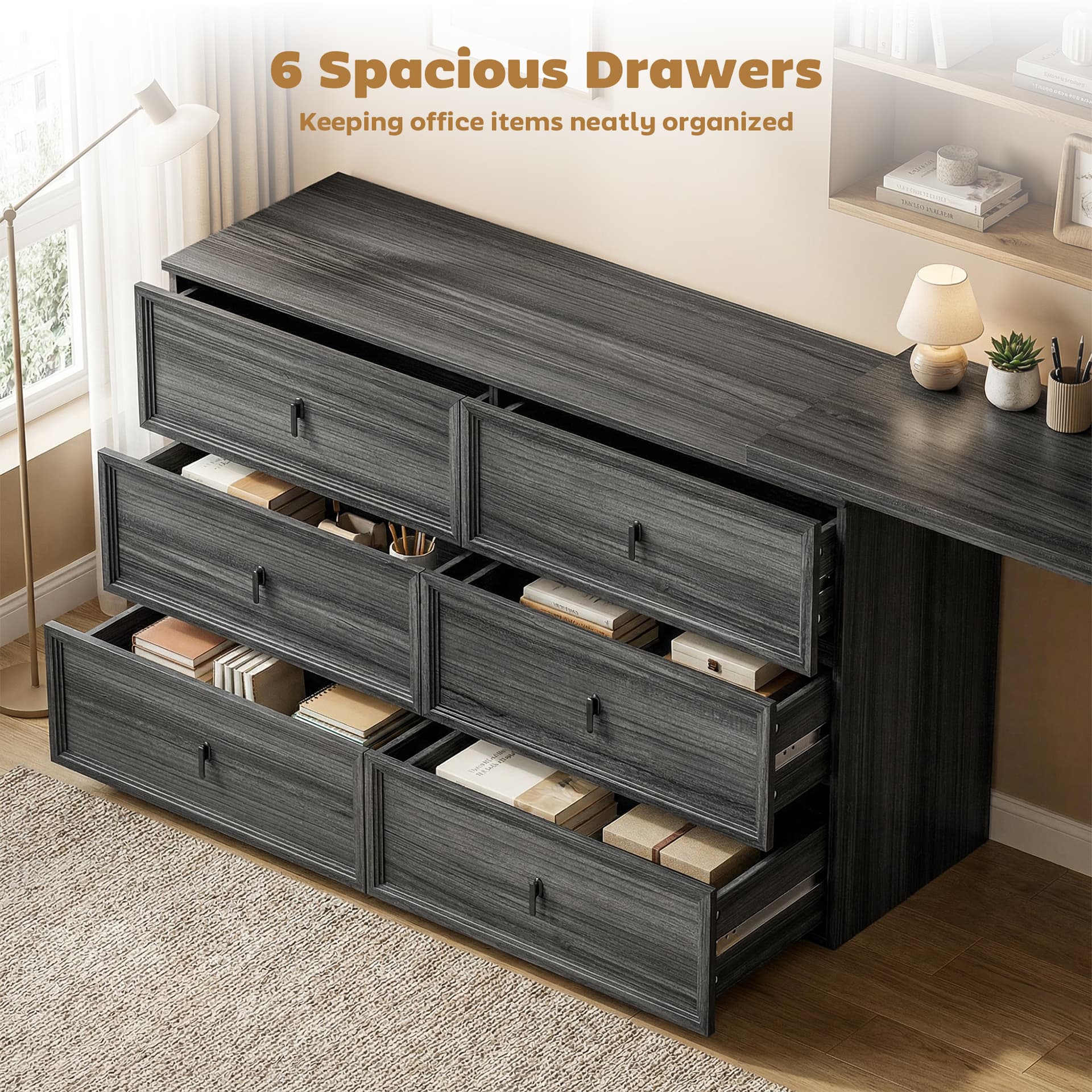 L Shaped Computer Desk Home Office Desk with 6 Drawers Black Wood Grain - Computer Desks - Office Furniture