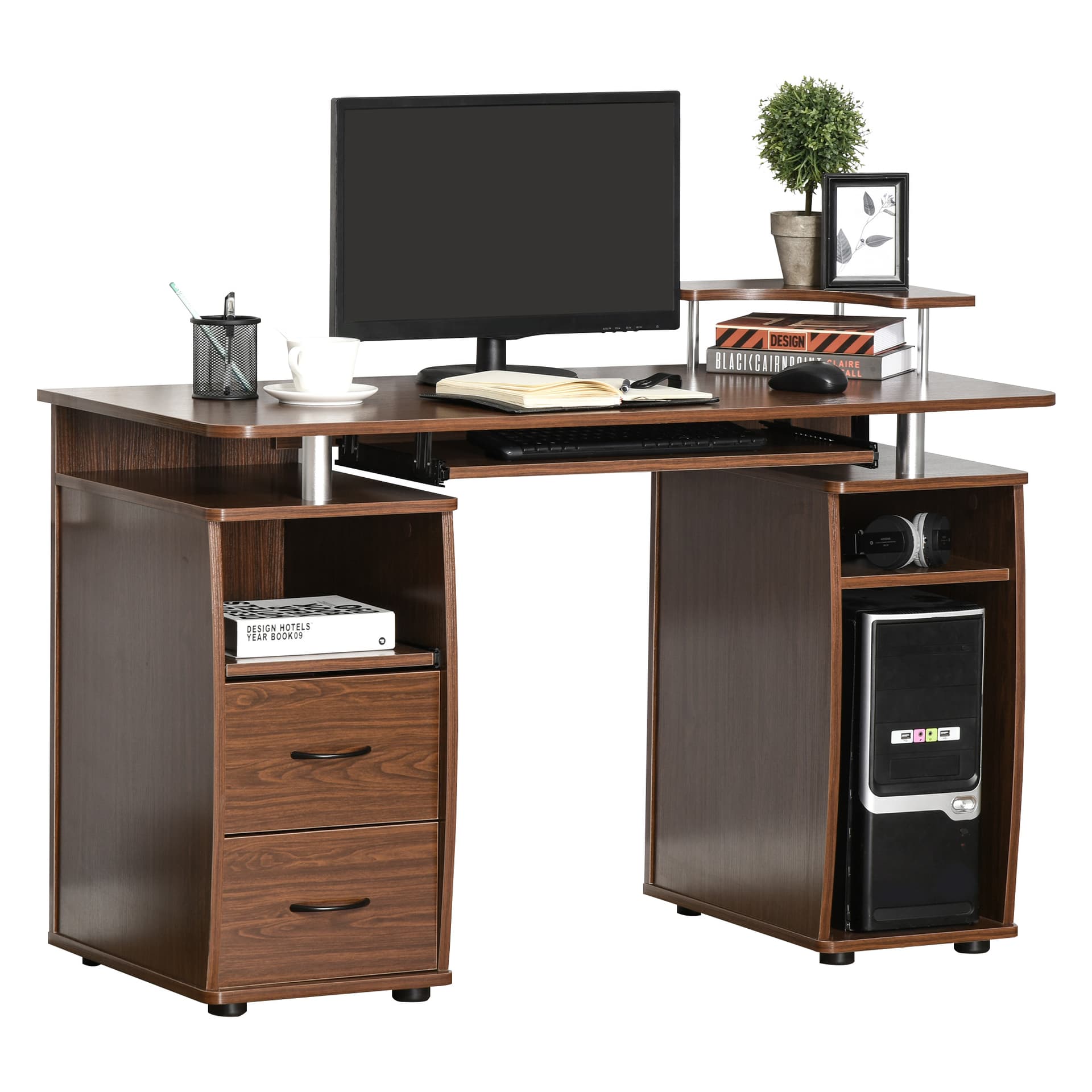 HOMCOM Computer Desk with Keyboard Tray, CPU Stand, Writing Desk with Drawers, Workstation for Home Office, Walnut Brown - Desks - Office Furniture