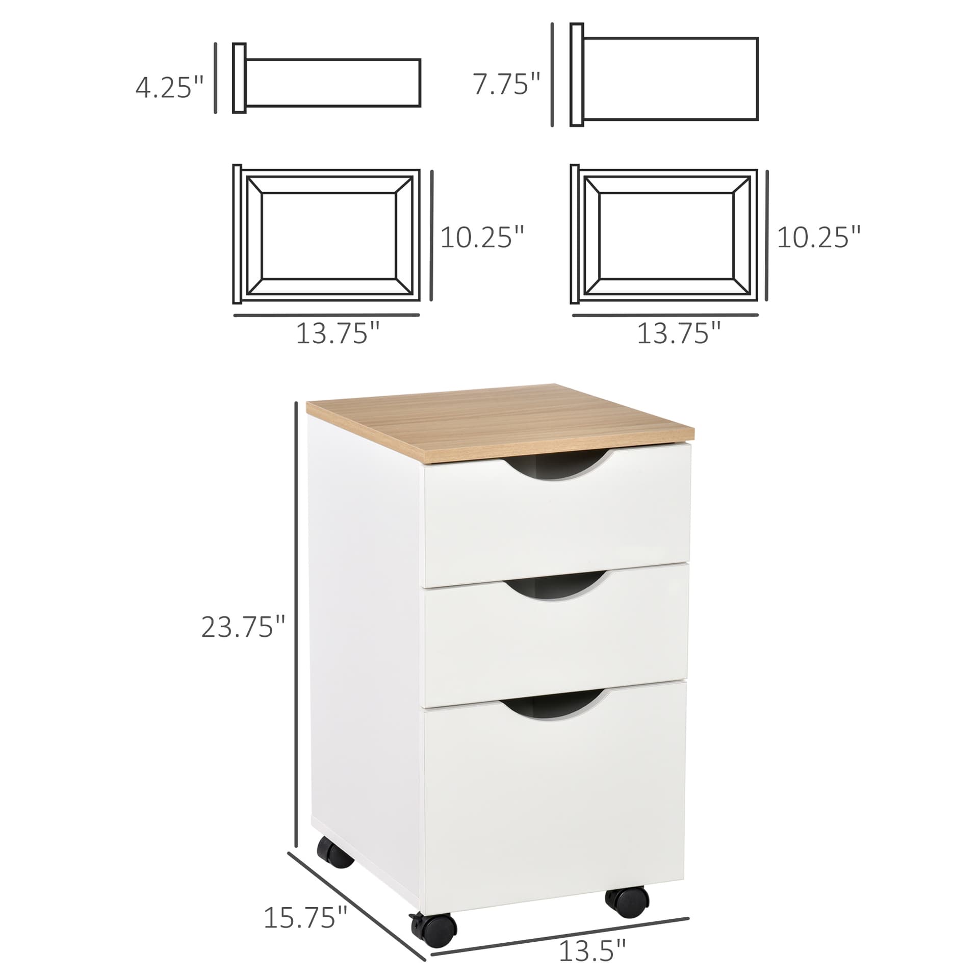 HOMCOM 3-Drawer Storage Cabinet with Wheels for Home Office, White and Natural - Office Products - Office Furniture