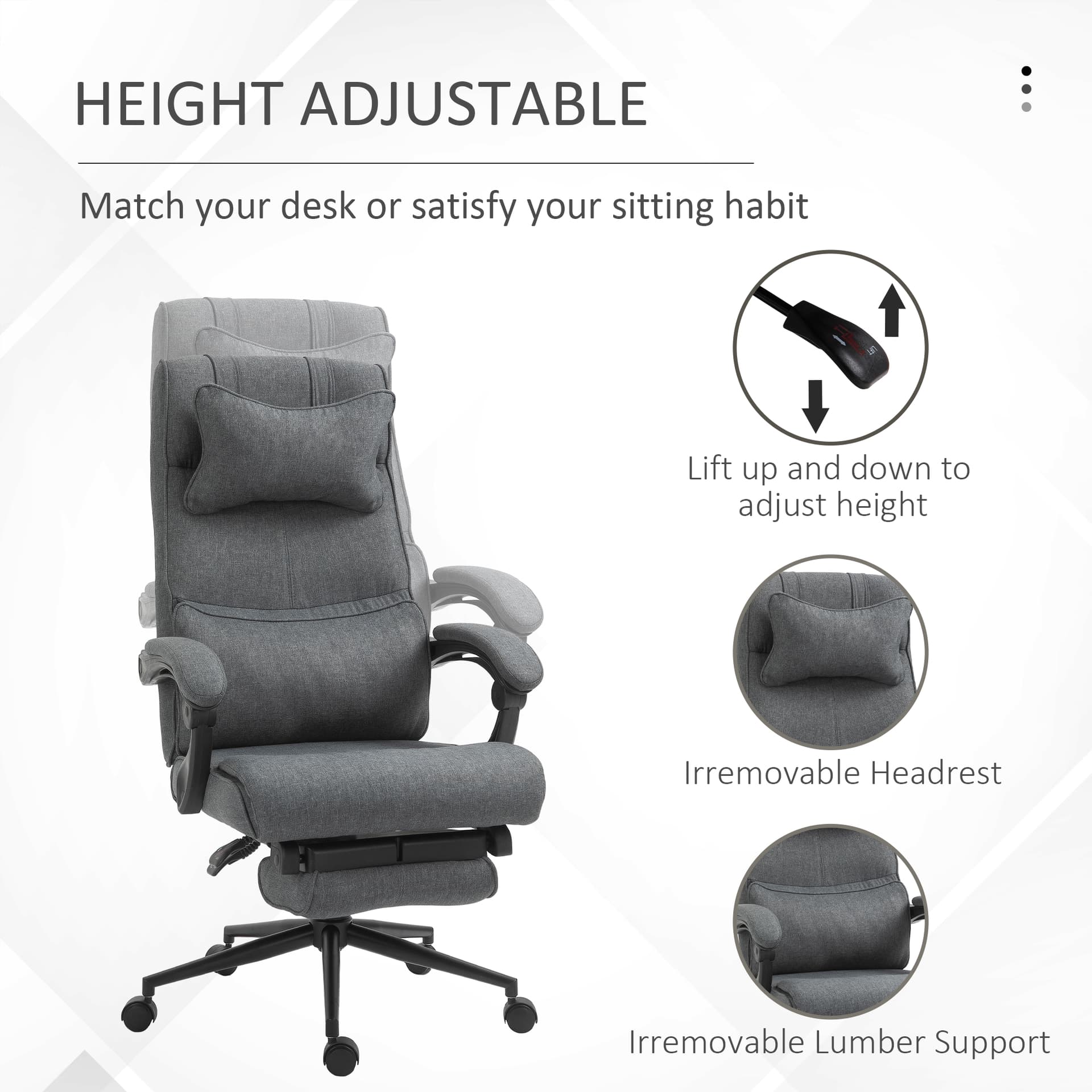 Vinsetto Ergonomic Executive Office Chair High Back Computer Desk Chair Linen Fabric 360° Swivel Adjustable Recliner Chair with Headrest, Lumbar Support, Padded Armrest and Retractable Footrest, Grey - Desks - Office Furniture