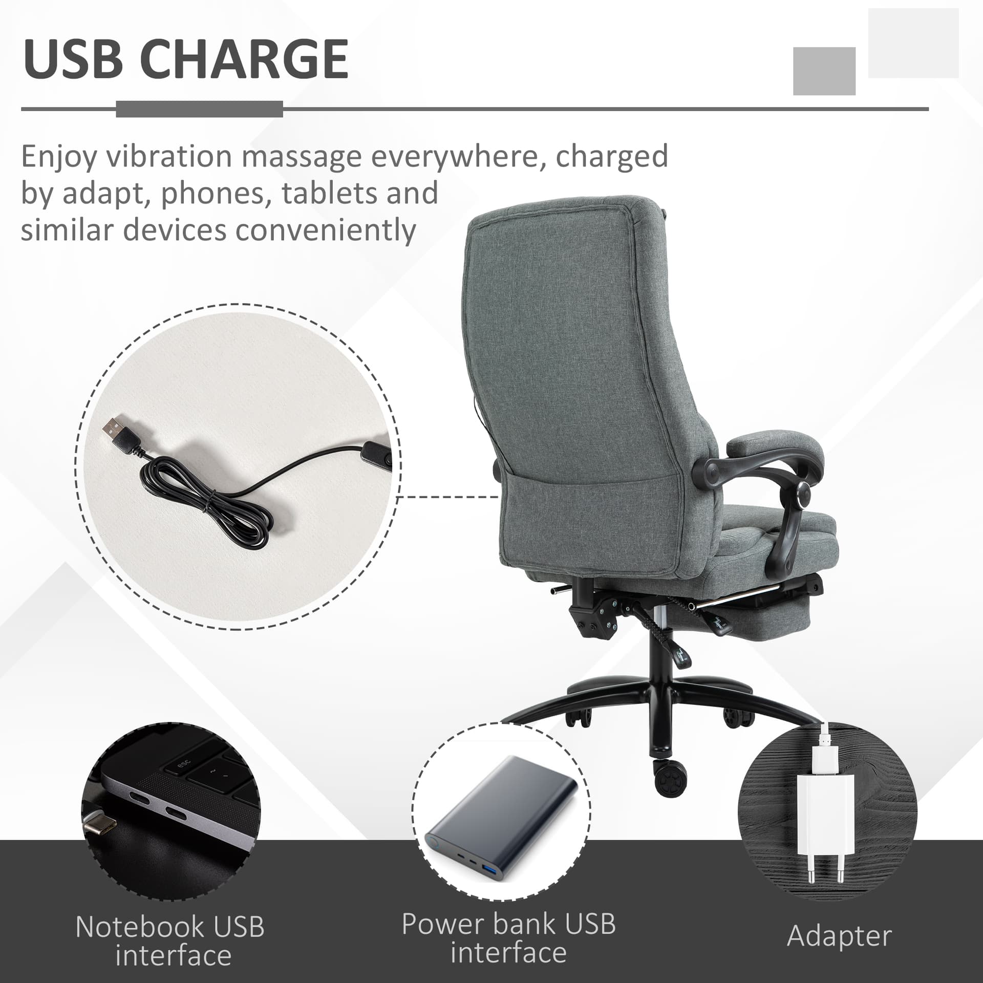 Vinsetto High-Back Massage Office Chair, Swivel Reclining Chair with 2-Point Vibration Removable Headrest, USB Power and Adjustable Height, Grey - Office Products - Office Furniture