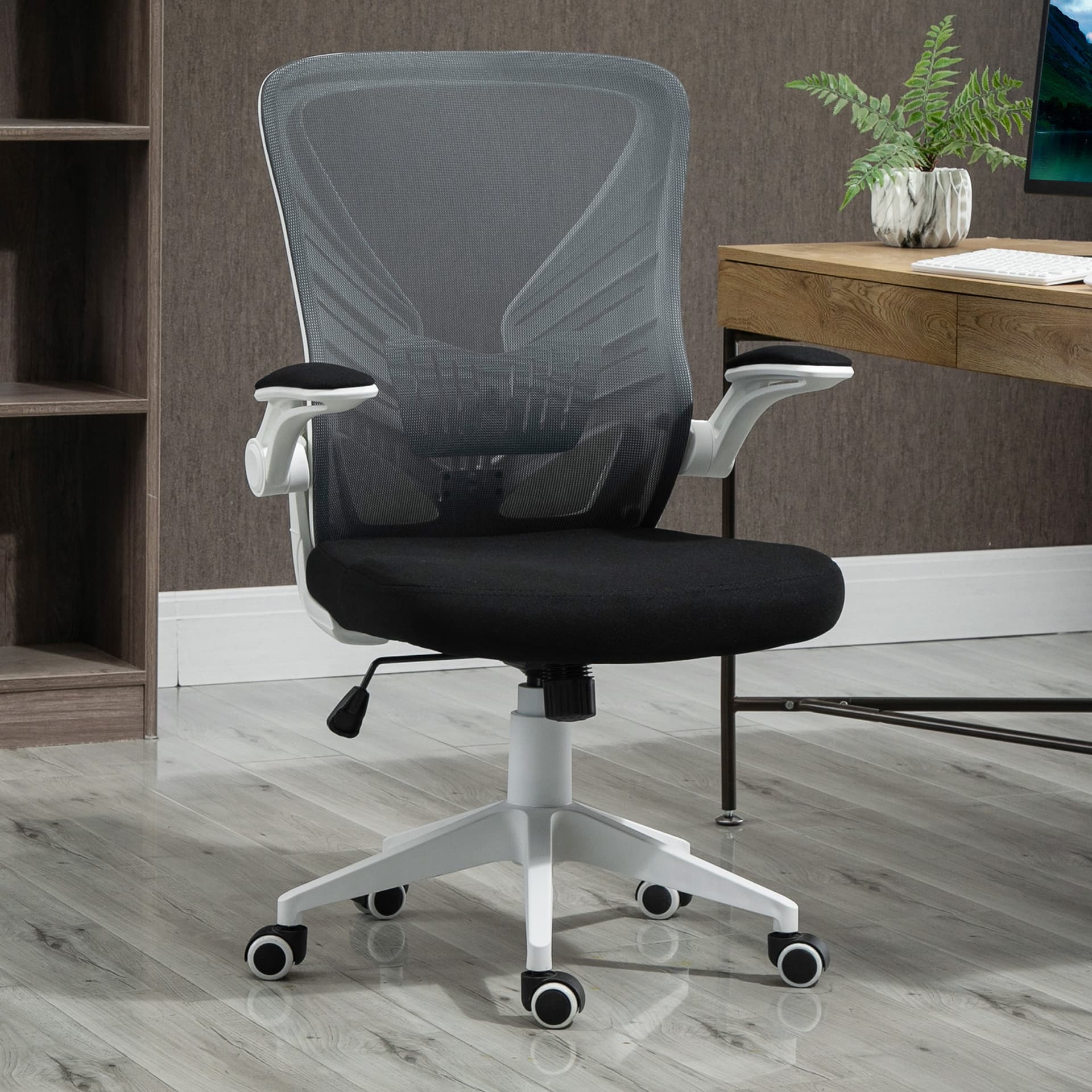 Vinsetto Mesh Office Chair Swivel Task Desk Chair with Lumbar Back Support, Flip-Up Arm, Adjustable Height, Grey Black - Desks - Office Furniture