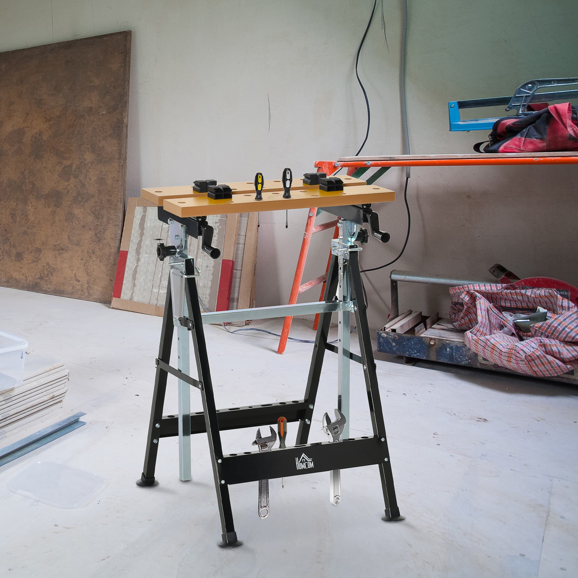 HOMCOM Work Bench Tool Stand with Adjustable Height and Angle, Carpenter Saw Table with 4 Clamps, Steel Frame, 220lbs Capacity - Office Products - Office Furniture