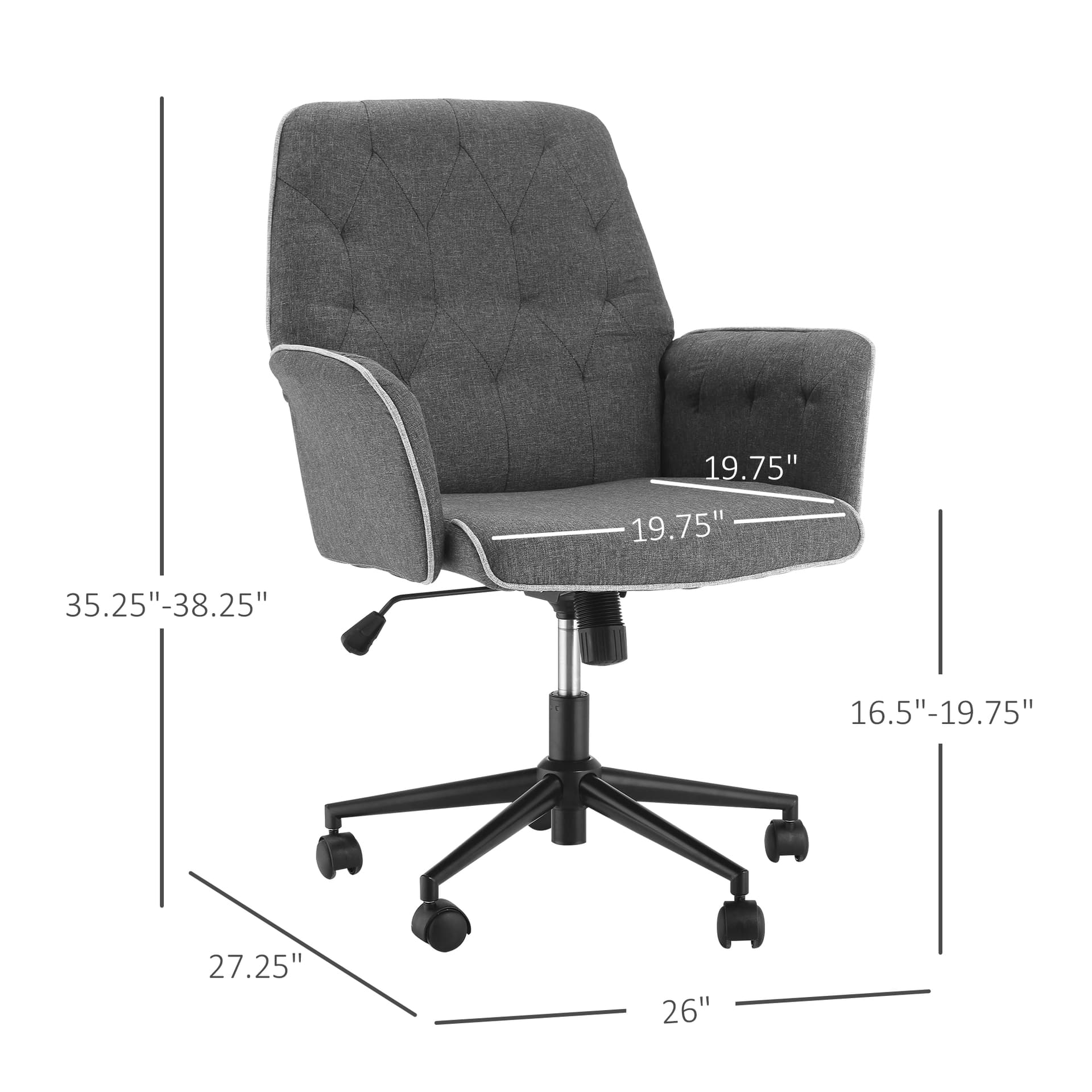 HOMCOM Office Chair, Fabric Study Chair, Mid-Back Tufted Desk Chair with Swivel Wheels, Adjustable Height, Grey - Desks - Office Furniture
