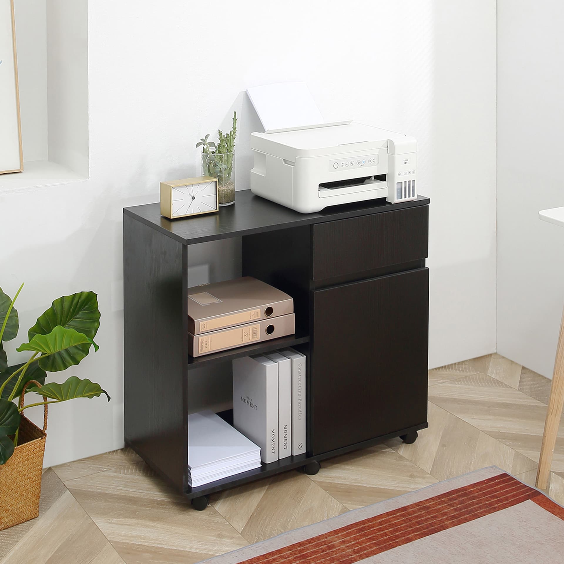 HOMCOM Filing Cabinet, Mobile Printer Stand with Open Storage Shelves, Drawer and Cabinet for Home Office, Black - Office Products - Office Furniture