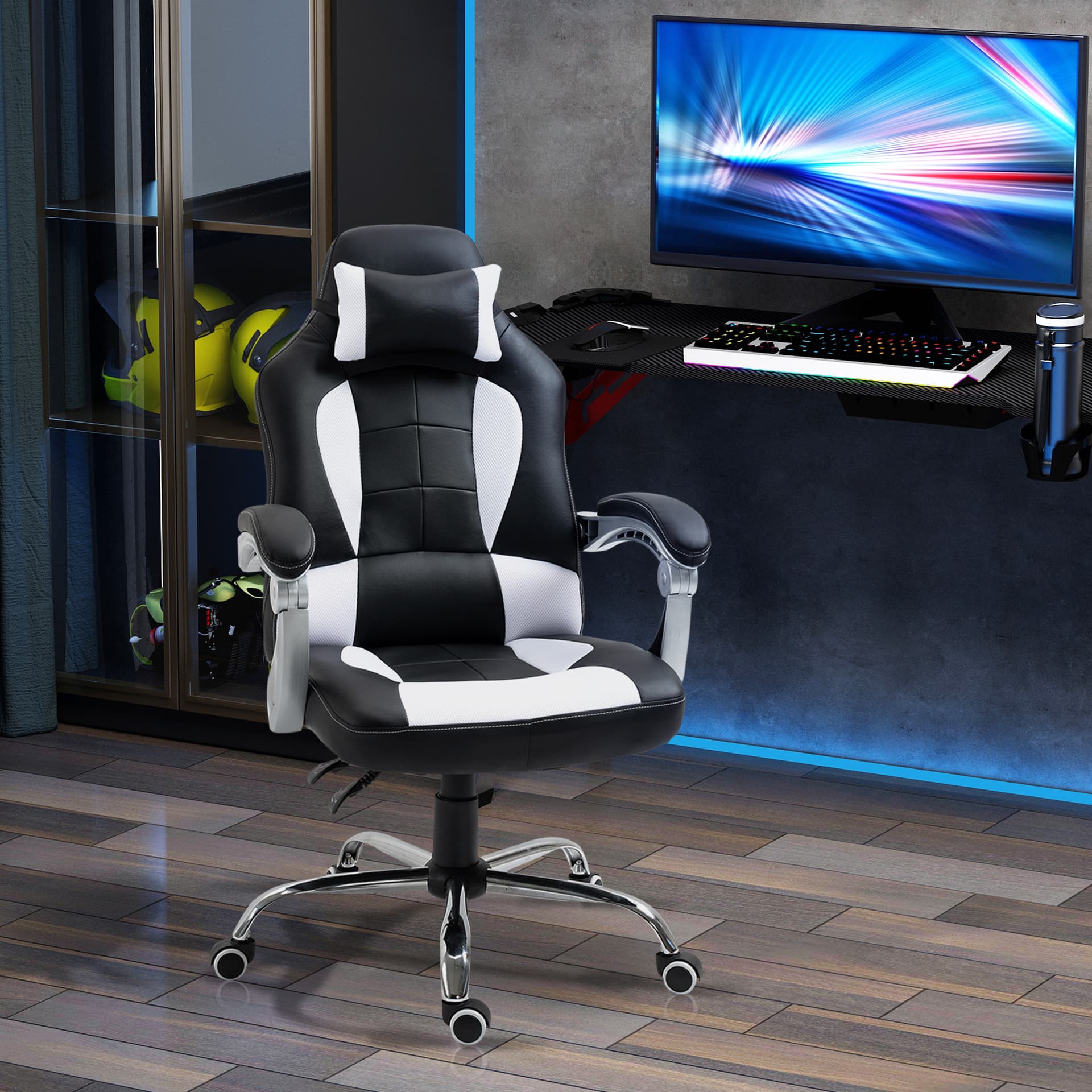 HOMCOM High Back Office Chair, Executive Racing Gaming Chair, Adjustable Recliner with Removable Headrest Pillow for Home, Office, White and Black - Office Products - Office Furniture