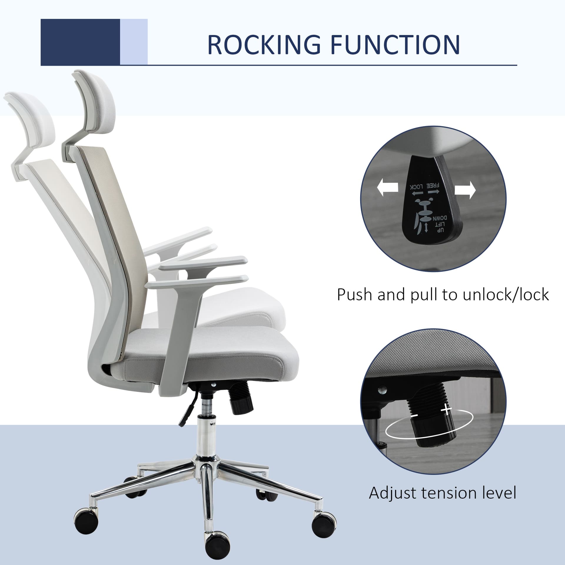 Vinsetto High Back Office Chair Swivel Task Chair with Lumbar Back Support, Breathable Mesh, and Adjustable Height, Headrest, Grey - Office Chairs - Office Furniture
