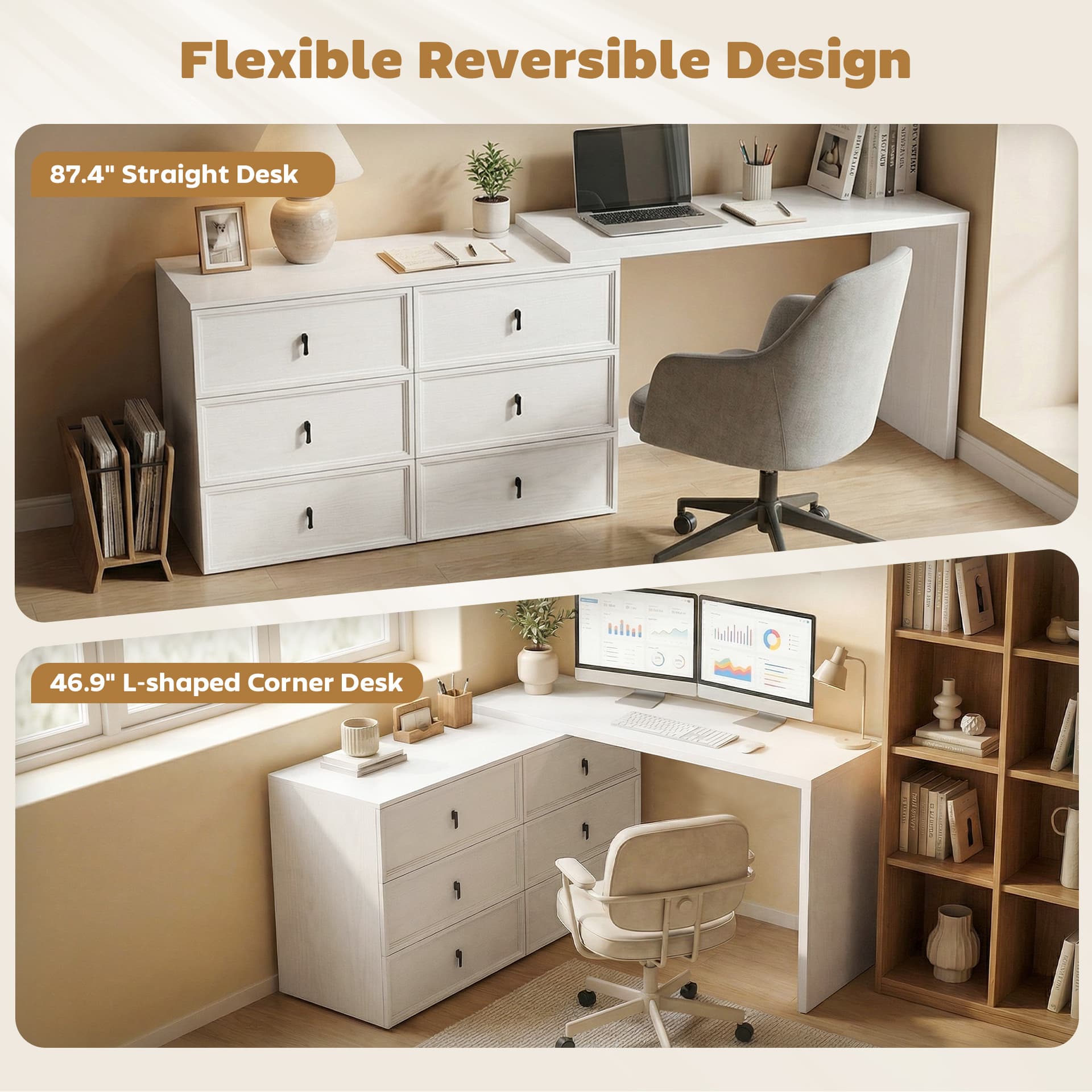 L Shaped Computer Desk Home Office Desk with 6 Drawers White Wood Grain - Computer Desks - Office Furniture