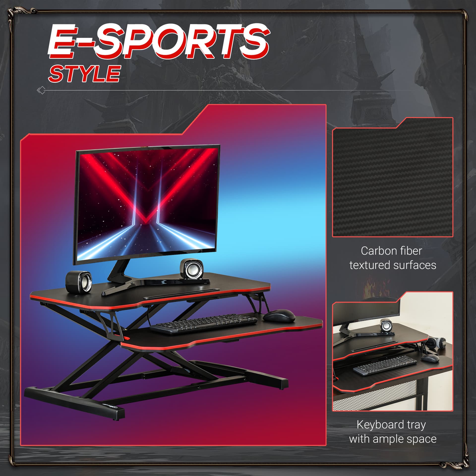 Vinsetto Liftable Computer Stand Height Adjustable Ergonomic E-sports Desktop Stand PC w/ Keyboard Tray Widely Compatible, Workstation Riser for Home Office Dormitory - Desks - Office Furniture