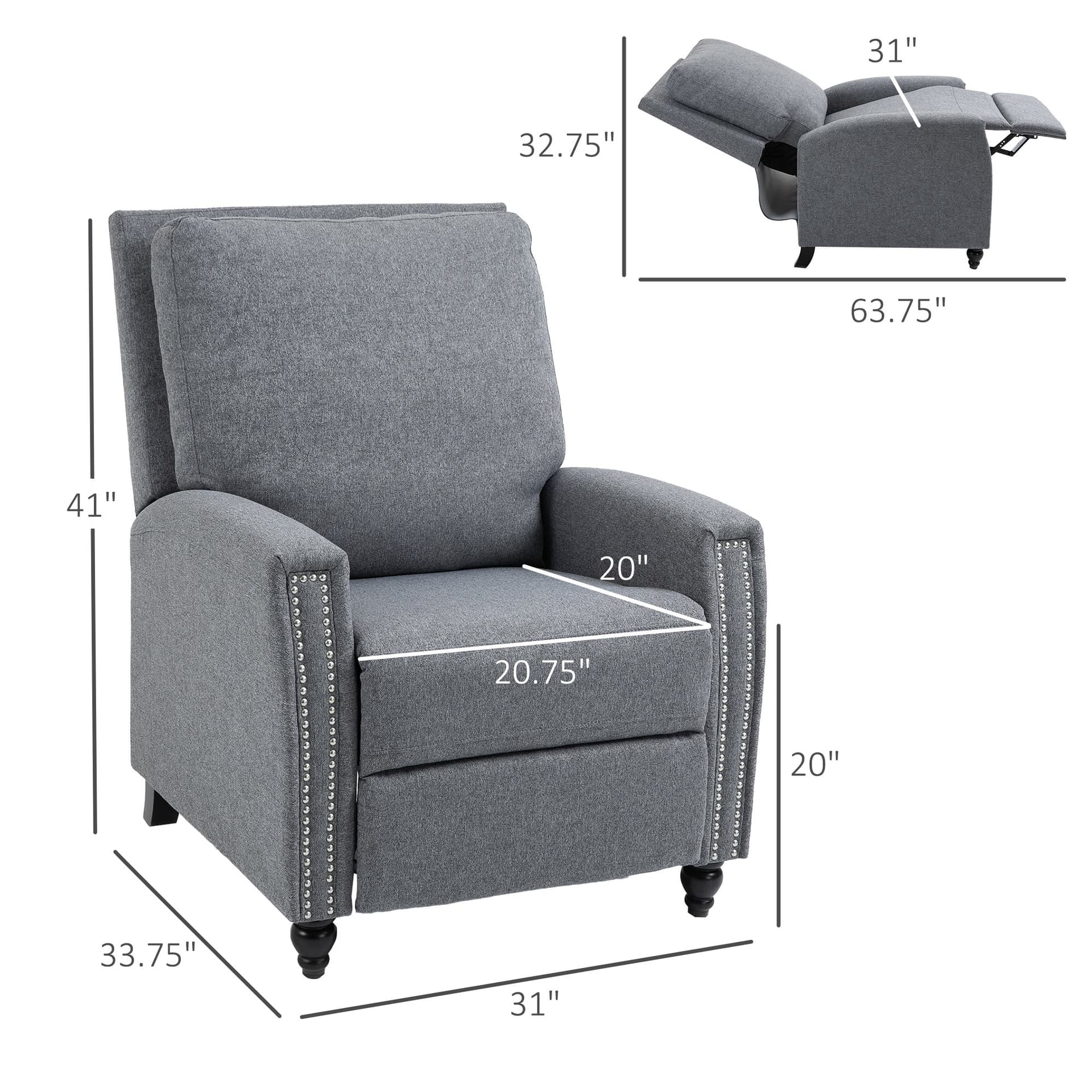 HOMCOM Modern Push Back Manual Recliner Chair Fabric Upholstered Armchair Home Lounge Sofa for Living Room & Bedroom - Office Chairs - Office Furniture