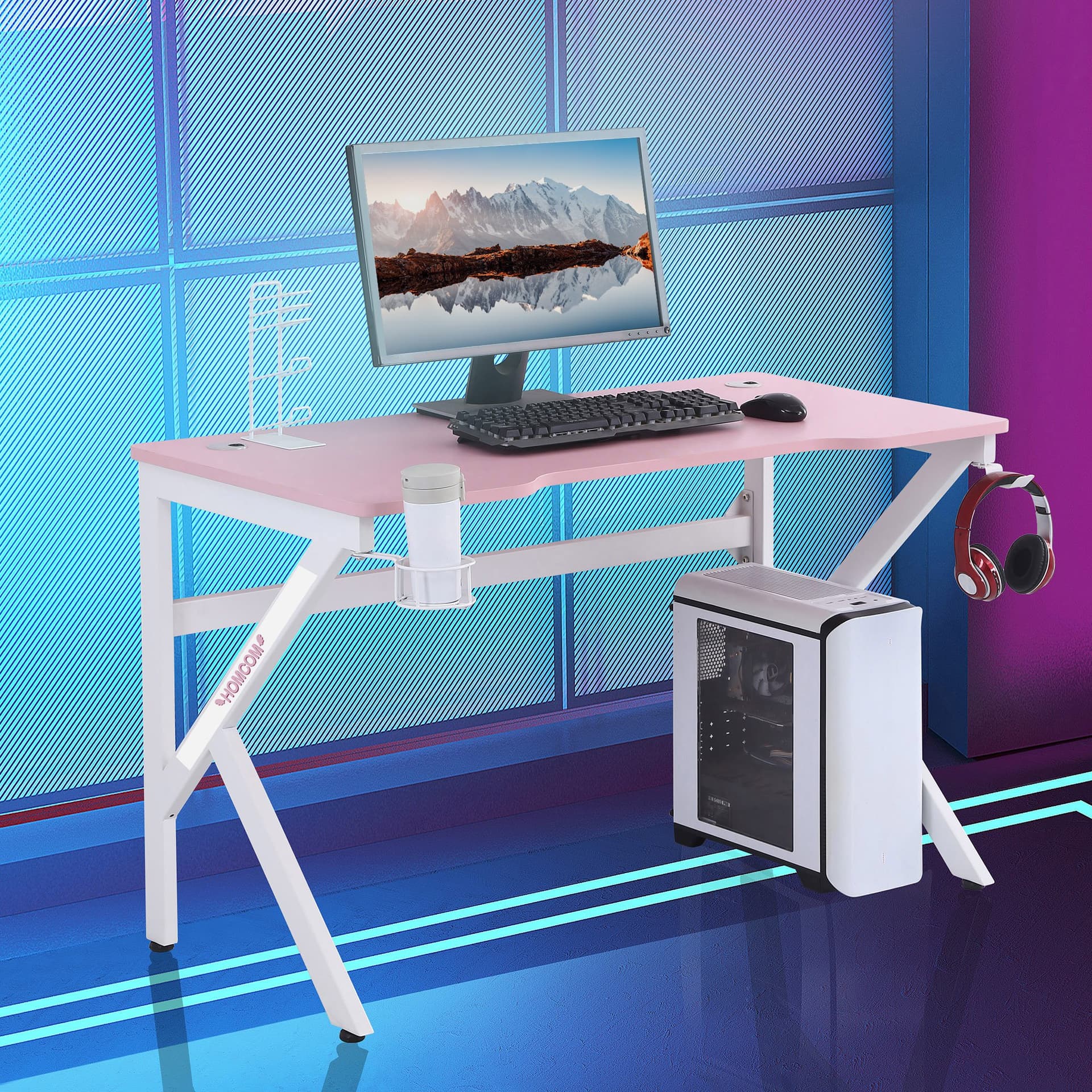 HOMCOM Gaming Desk Computer Table Racing Style for E-sport Room Office PC Workstation with Rotatable Cup Holder Foot Peg Headphone Hook Gamepad Stand Wire Port 47.25" x 23.5" x 28.75" Pink - Office Products - Office Furniture