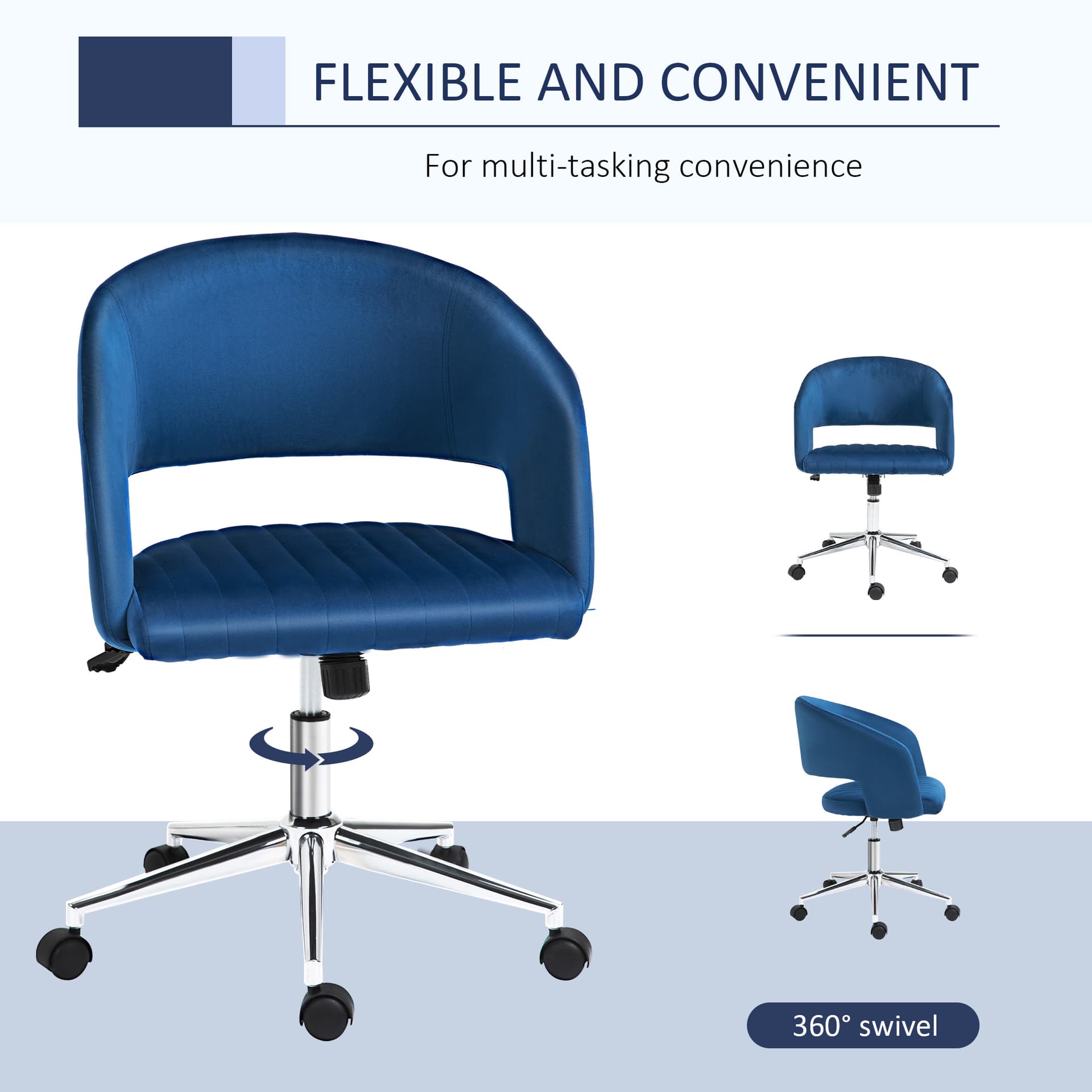 Vinsetto Leisure Office Chair Velvet Fabric Swivel Moon Shape Computer Desk Chair Study with Wheels  Blue - Desks - Office Furniture