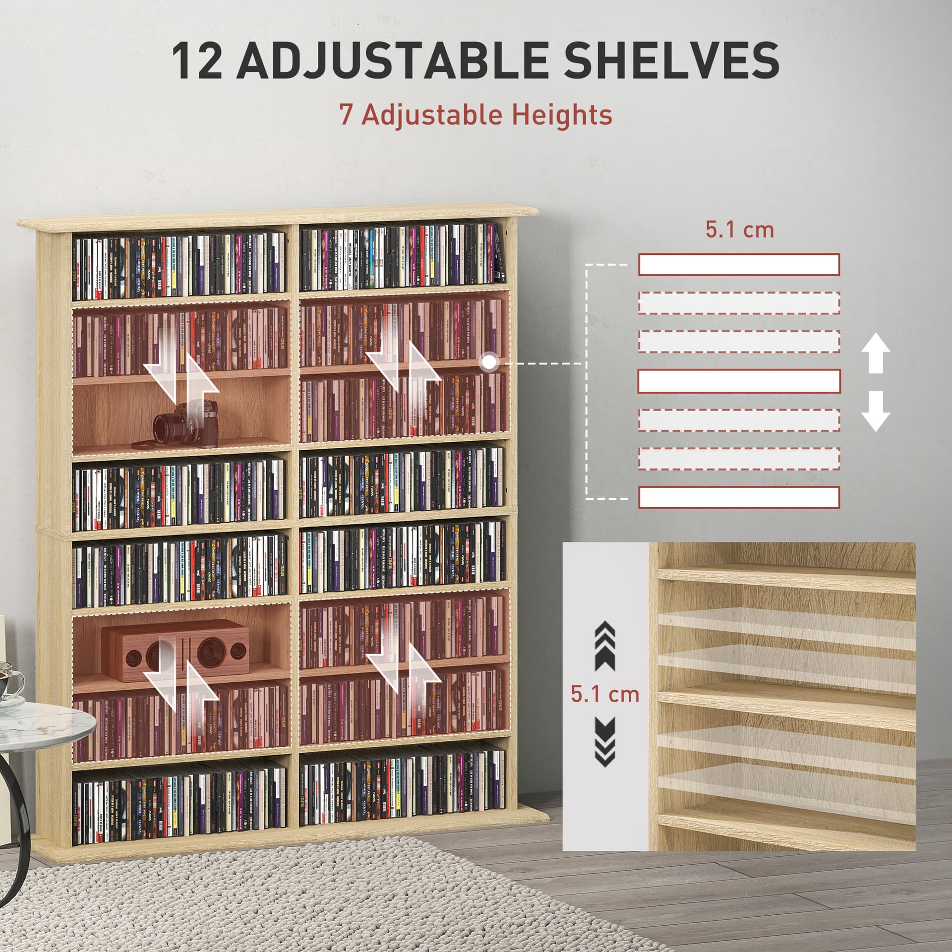 8-Tier DVD Shelf with 12 Adjustable Shelves, Double CD Shelf, Holds 720 CDs, 396 DVDs or 396 Blu-rays, Natural Wood - Office Supplies - Office Furniture