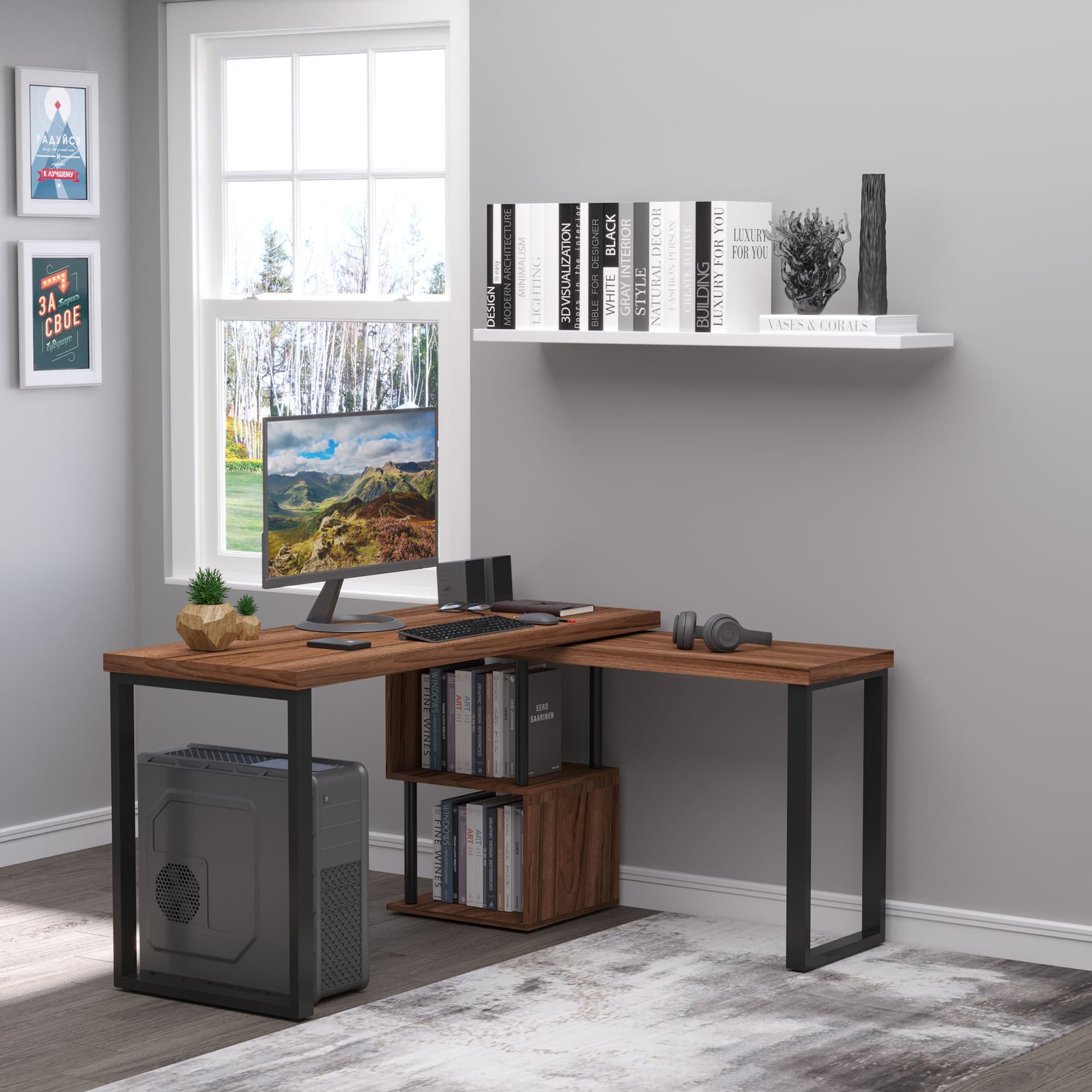 HOMCOM Corner Rotating L-Shaped Office Table Computer Desk with Storage Shelf Brown - Desks - Office Furniture