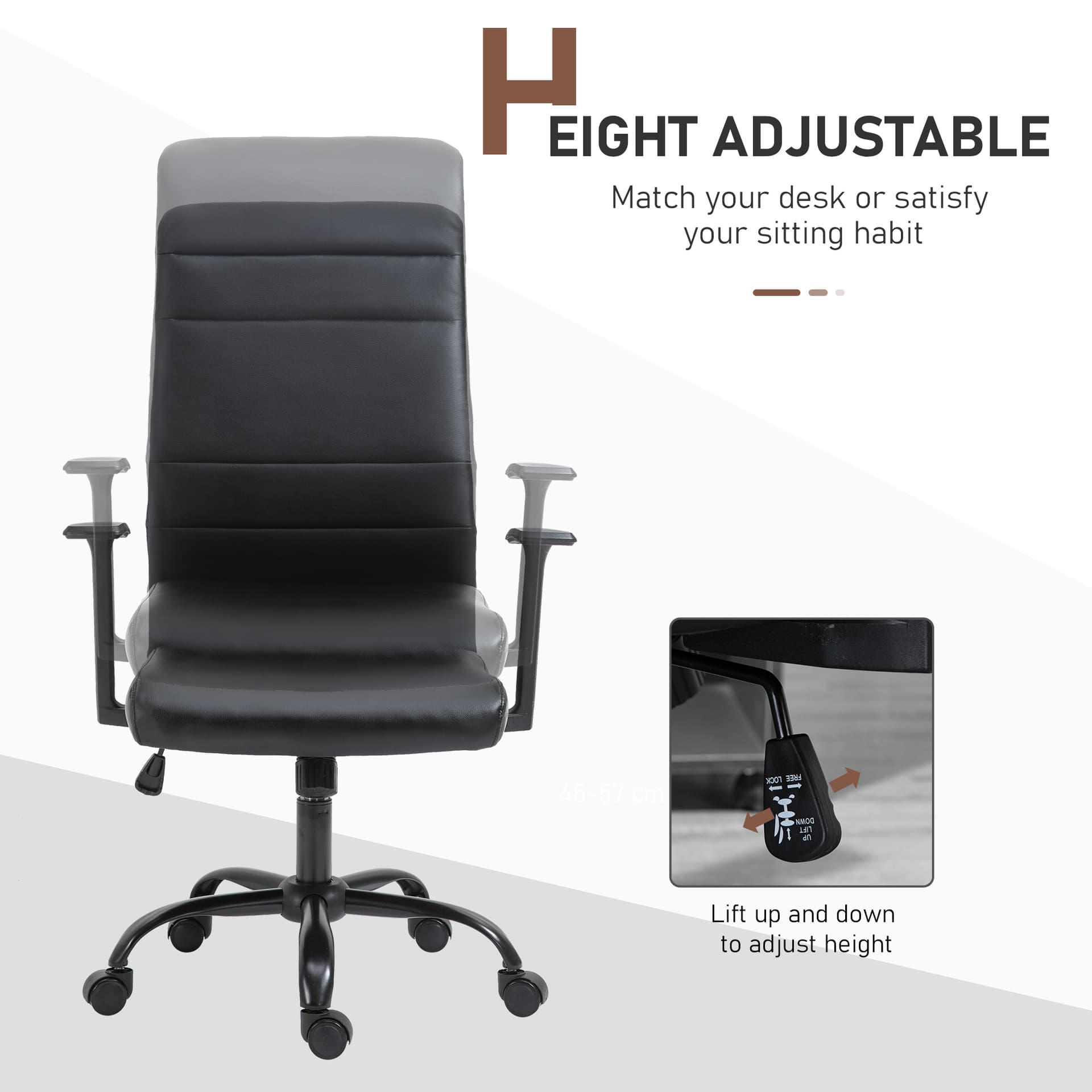 Vinsetto Office Chair High Back Height Adjustable Rolling Swivel Chair with Rocking Function Faux Leather Computer Desk , Black - Desks - Office Furniture
