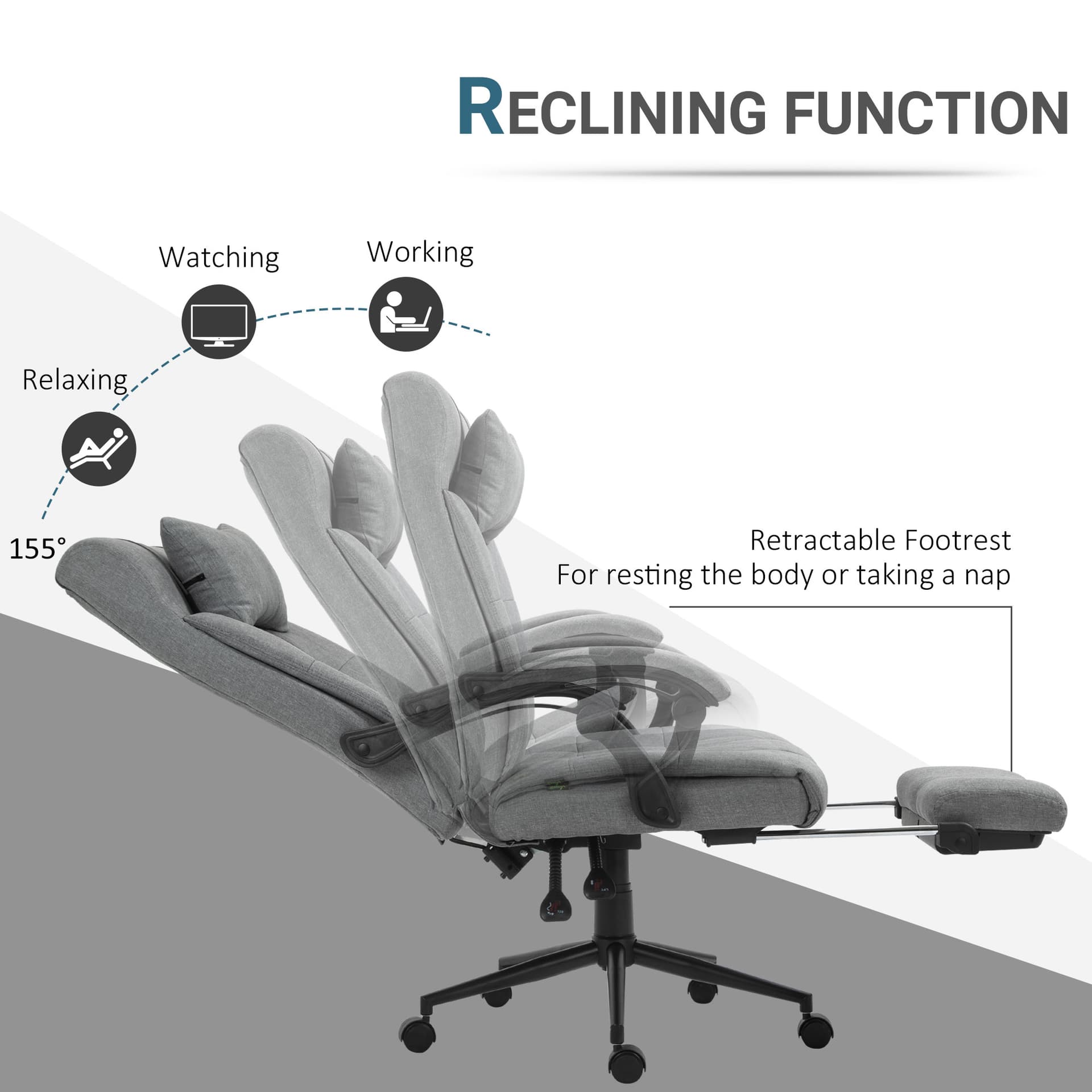 Vinsetto Executive Office Chair High Back Linen-Feel Fabric Swivel Chair with Upholstered Retractable Footrest, Headrest and Armrest, Light Grey - Office Chairs - Office Furniture