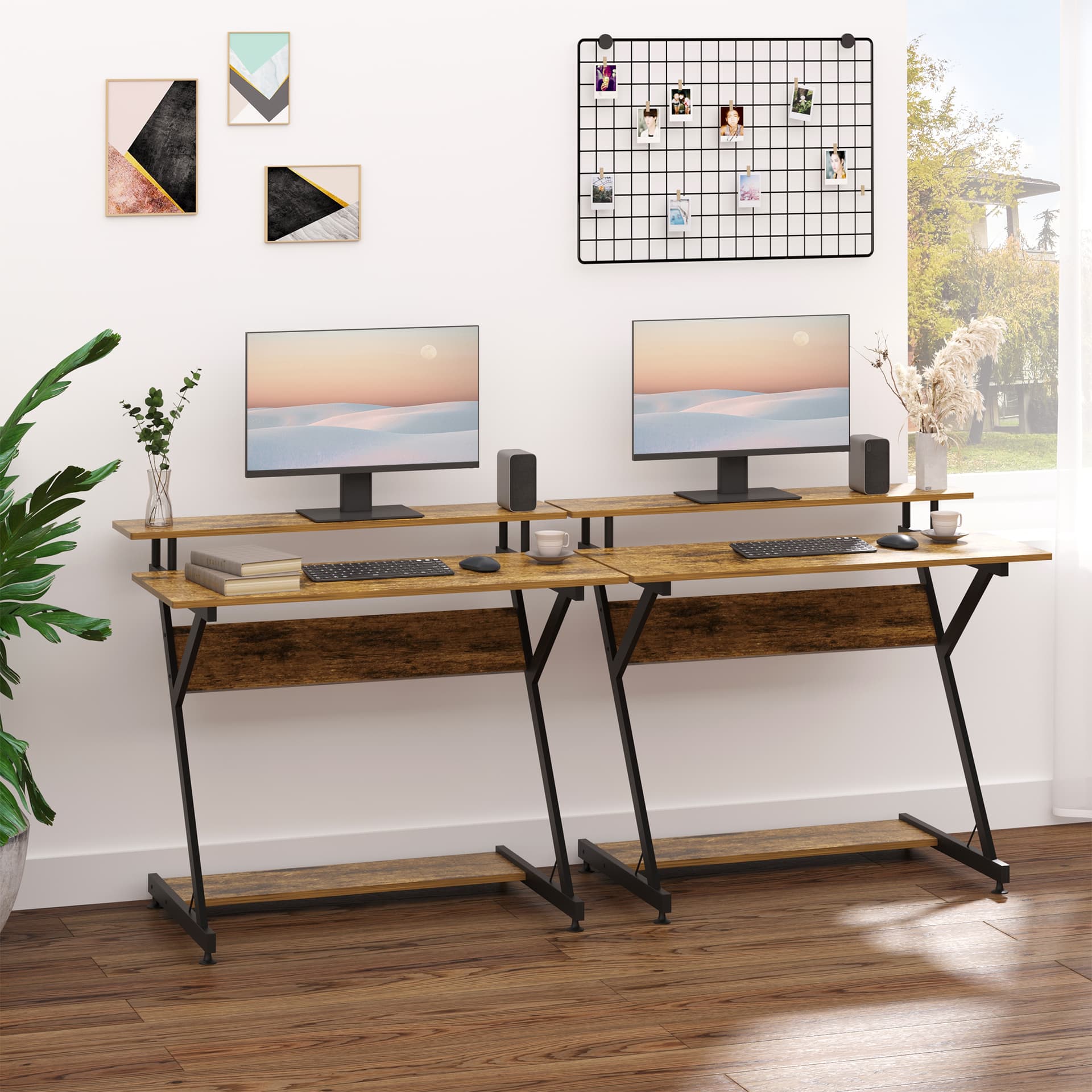 HOMCOM 39" Compact Computer Desk, Industrial Z-Shaped Writing Desk with Monitor Shelf and Storage, Workstation for Home Office - Desks - Office Furniture