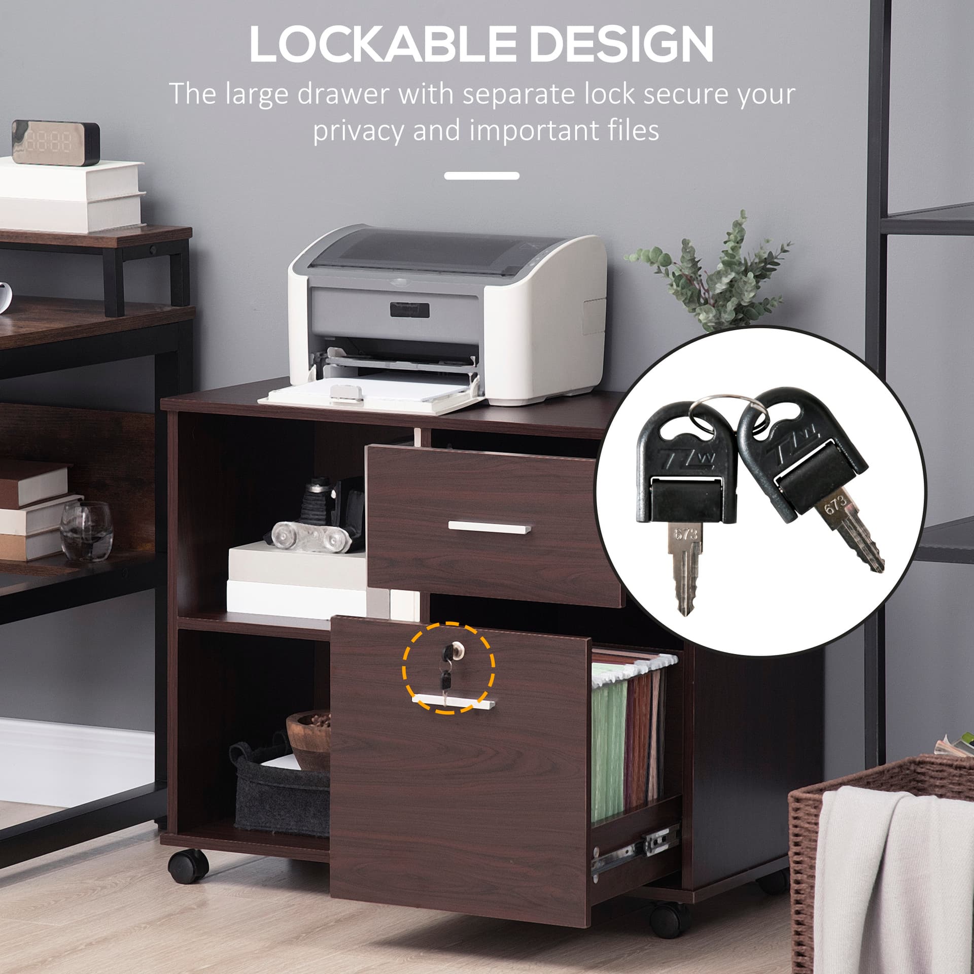 Vinsetto Lateral File Cabinet with Wheels, Mobile Printer Stand with Open Shelves and Drawers for A4 Size Documents, Walunt - Office Products - Office Furniture