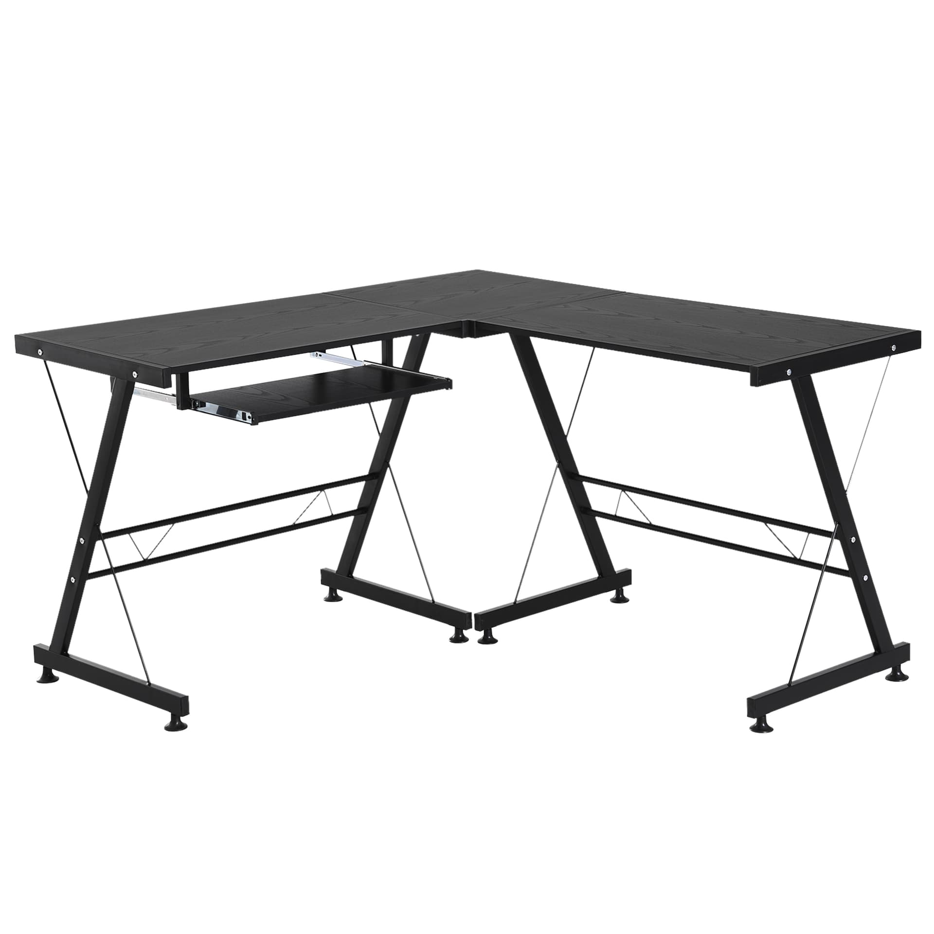 HOMCOM Large L-Shaped Desk Computer Desk, Multifunctional Computer Table with Keyboard Corner Table, Sturdy Steel Construction, Black - Desks - Office Furniture