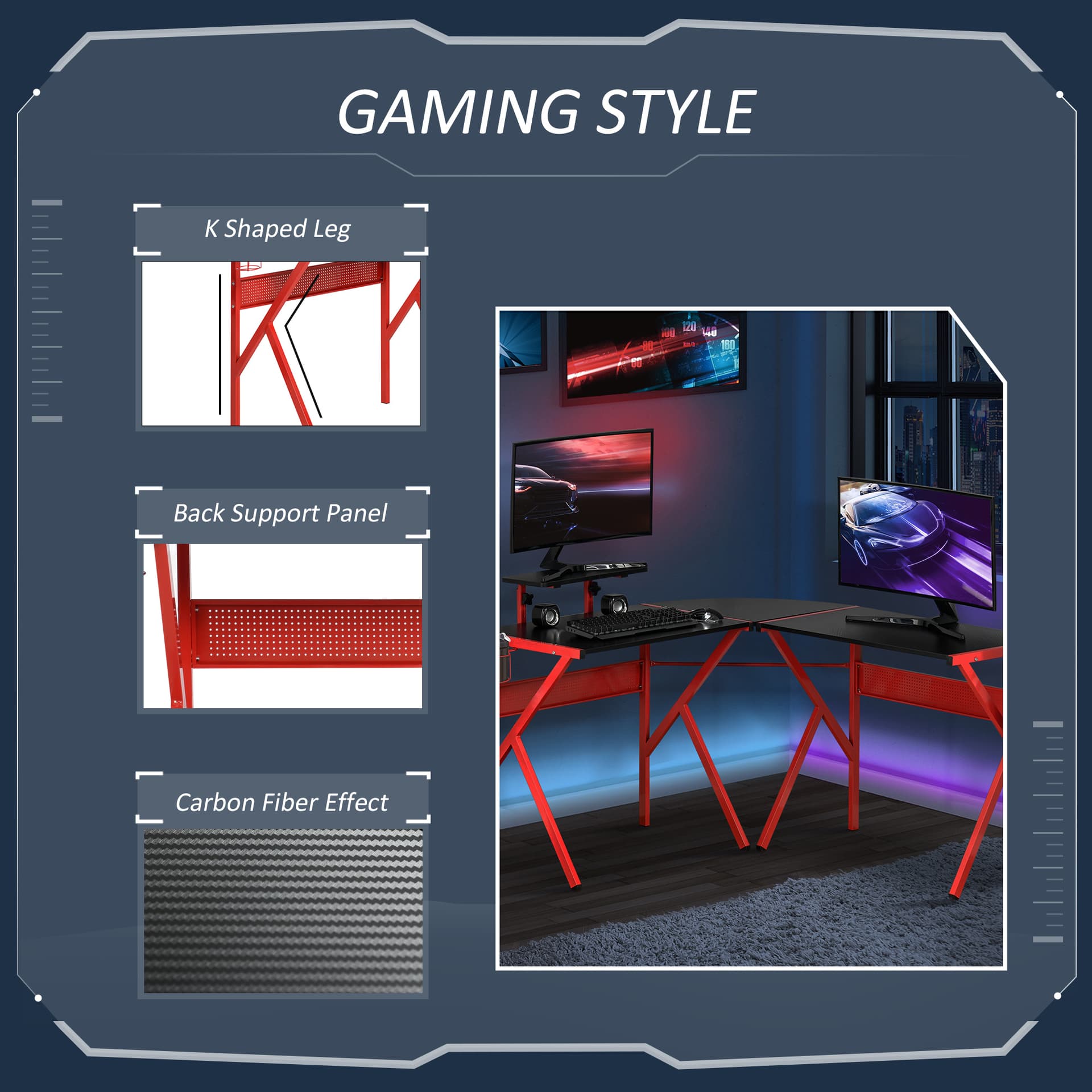 HOMCOM Gaming Desk, L-Shaped Corner Computer Table for Home Office, Workstations with Adjustable Monitor Stand Cup Holder Headphone Hook 49.25" x 49.25" x 29.5" Red - Desks - Office Furniture